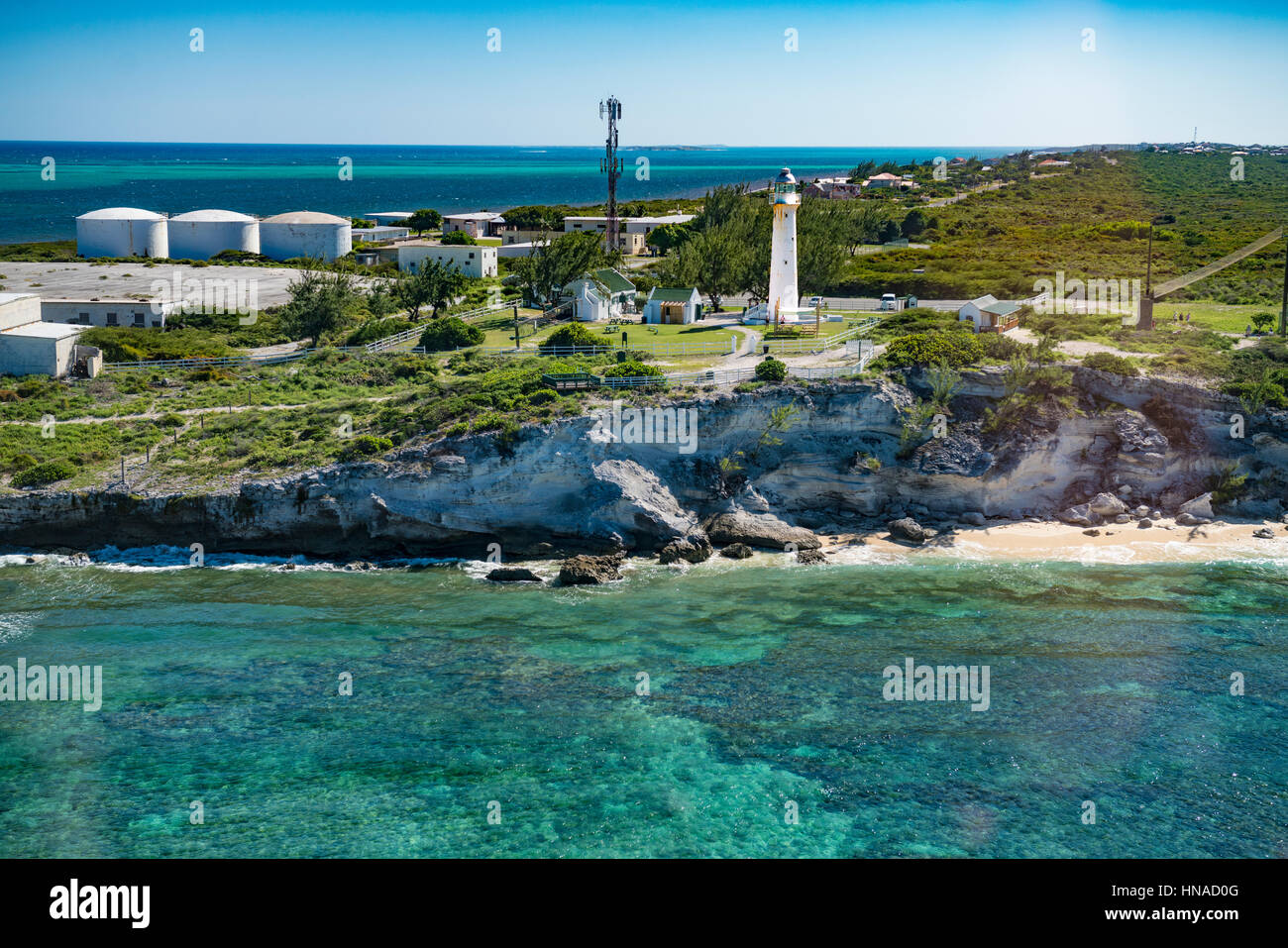 Grand Turk Island  lighthouse and reef, Turks and Caicos Islands, Caribbean Sea, Atlantic Ocean, Largest island reef system in the Carribean Stock Photo