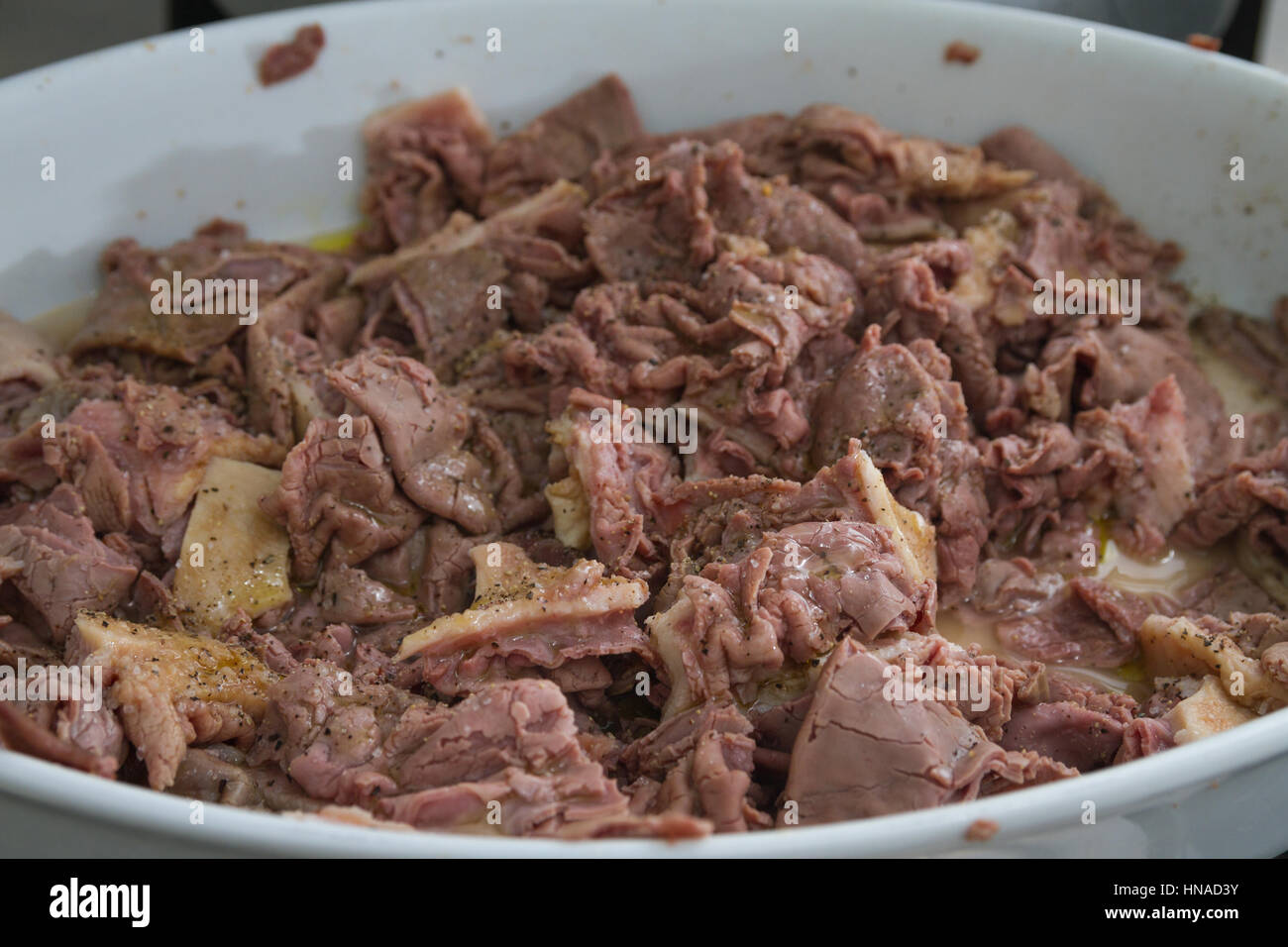 the dish of tripe, typical Florentine, said lamprey, made from cow stomach. Stock Photo