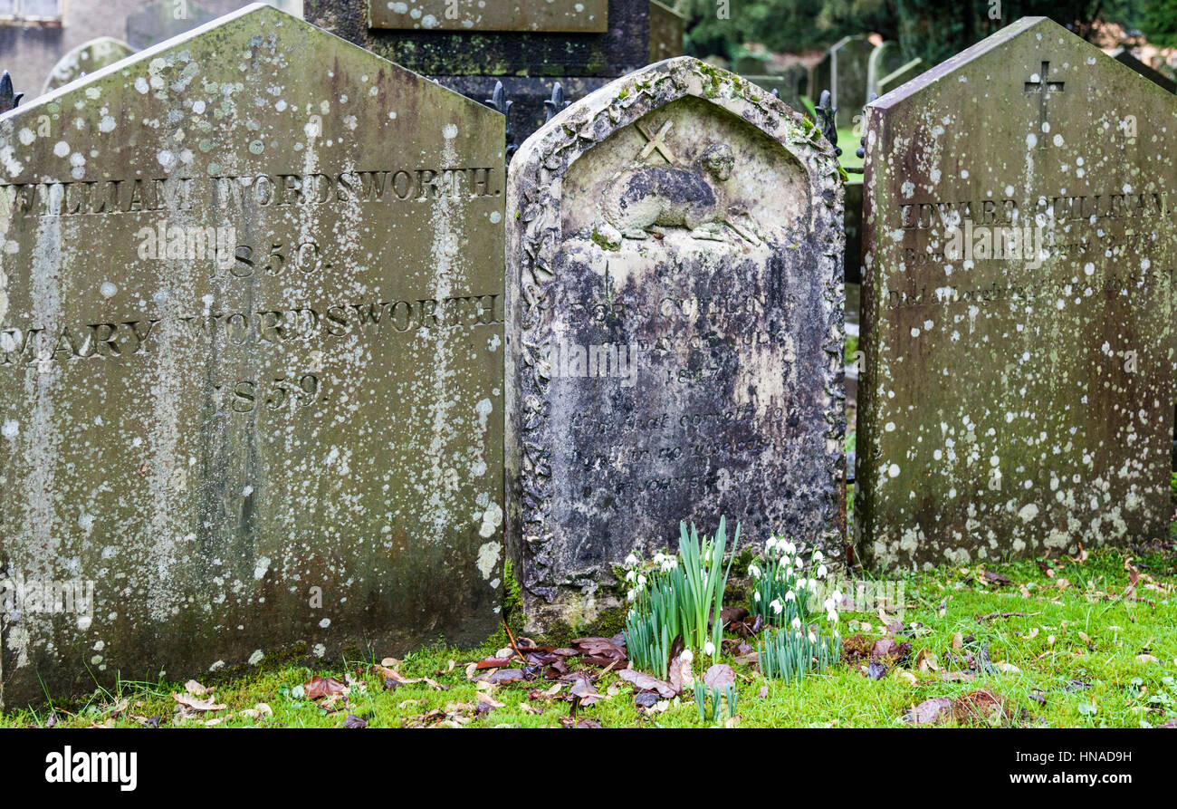 Wordsworths' graves in St Oswalds Churchyard, Grasmere, Lake District, Cumbria Stock Photo