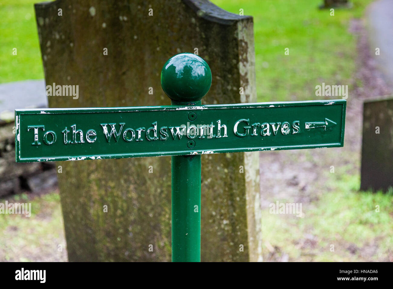 Sign to Wordsworth Graves in St Oswalds Churchyard, Grasmere, Lake District, Cumbria Stock Photo