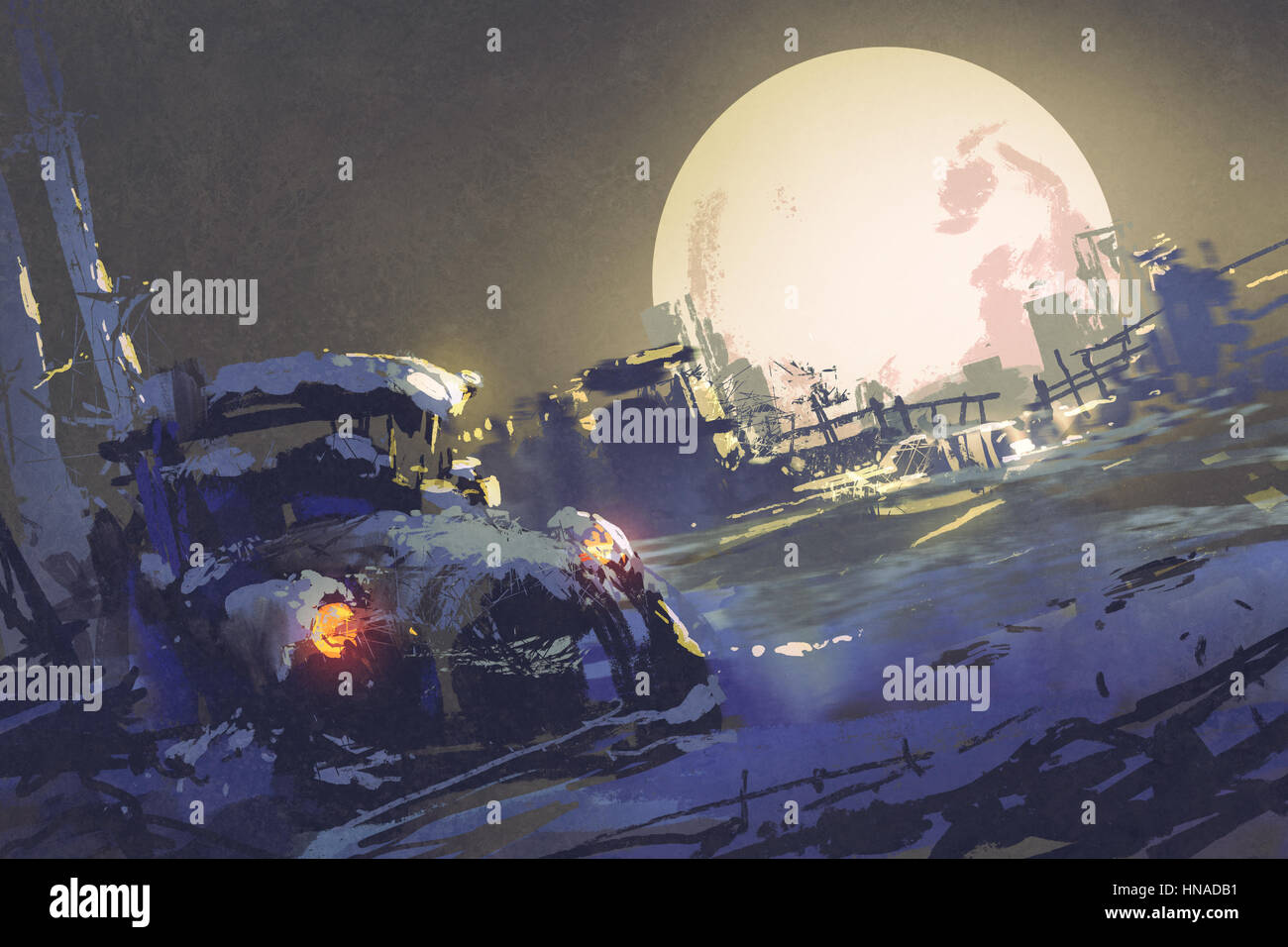 winter night scenery showing abandoned car coverd with snow and big fullmoon on background,illustration painting Stock Photo