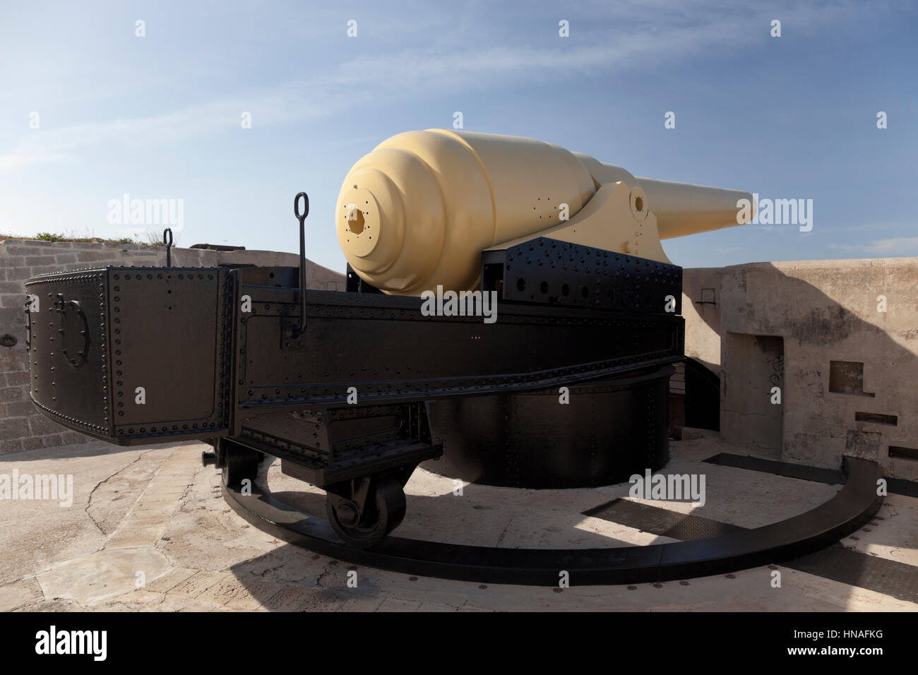 The Amrstrong 100-ton gun at Fort Rinella in Malta was designed to guard the sea routes into the Grand Harbour. Stock Photo