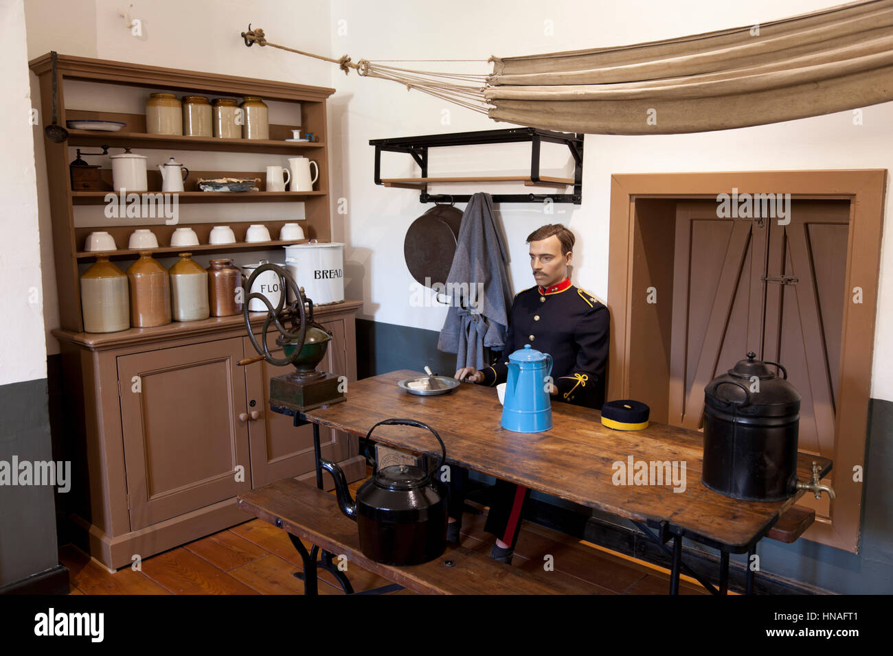 Reconstruction of living quarters with wax dummy at the Victorian Fort Rinella in Malta. Stock Photo