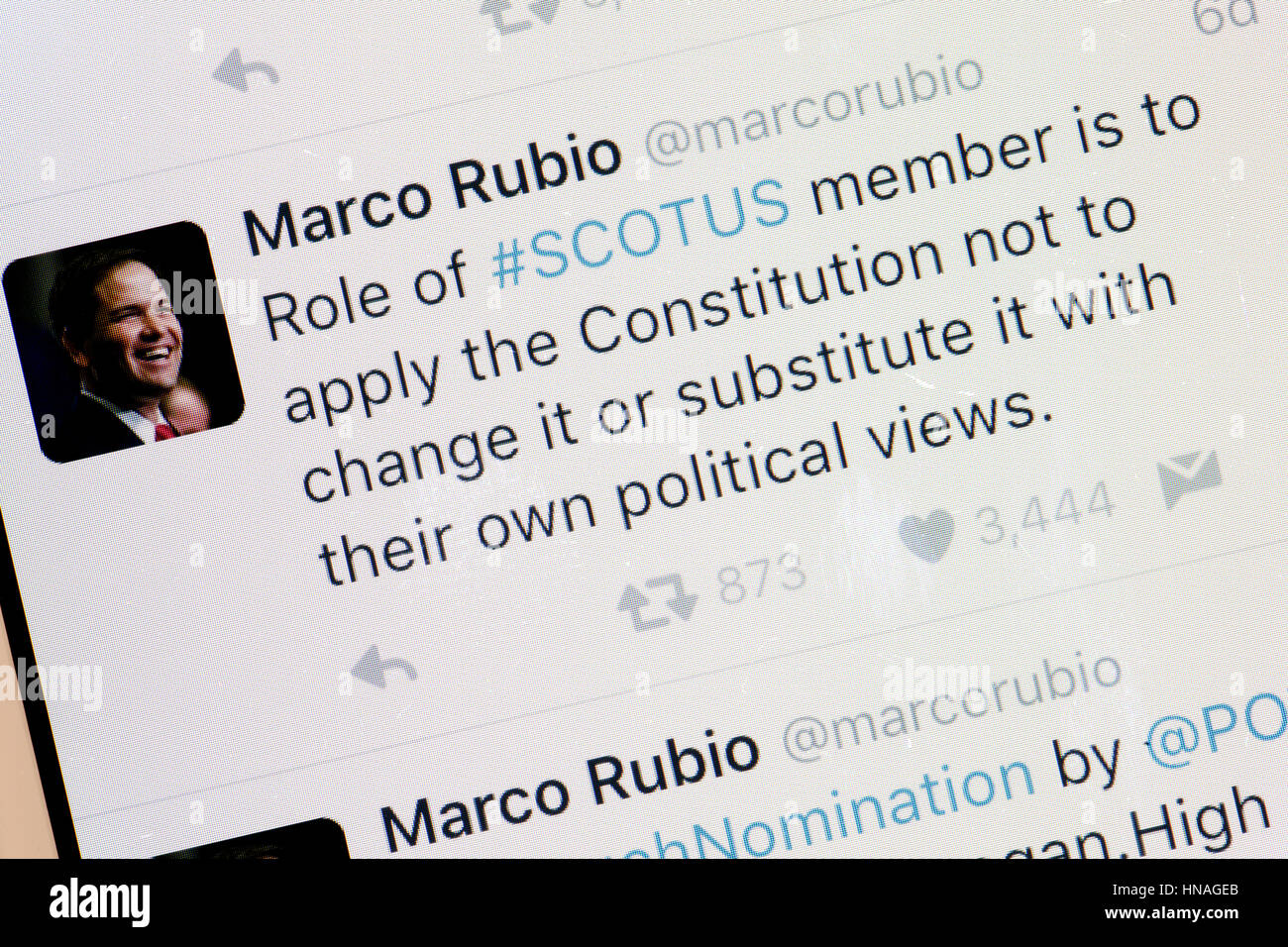 Florida republican senator Marco Rubio Twitter message  on mobile phone screen - USA Stock Photo