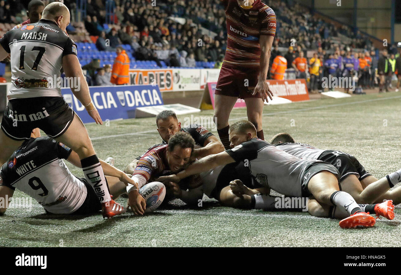 Huddersfield Giants' Leroy Cudjoe goes over for a try against Widnes Vikings, during the Super League match at the Select Security Stadium, Widnes. Stock Photo
