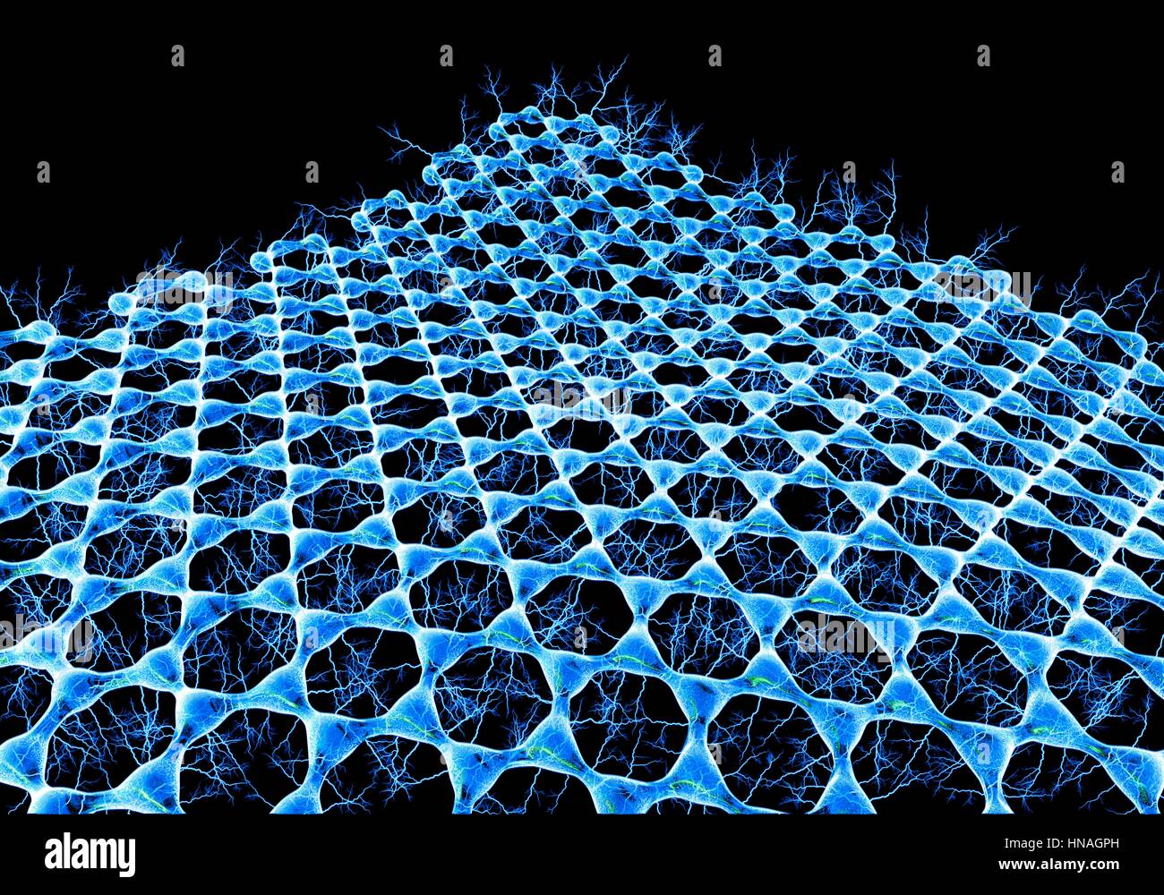 Graphene sheet. Illustration of the atomic-scale molecular structure of graphene, a single hexagonal layer of graphite. It is composed of hexagonally arranged carbon atoms linked by strong covalent bonds. Graphene is very strong and flexible. It transports electrons highly efficiently. The underlying thunderbolts indicate this ability. One day graphene my replace silicon in computer chips and other technology applications. Stock Photo