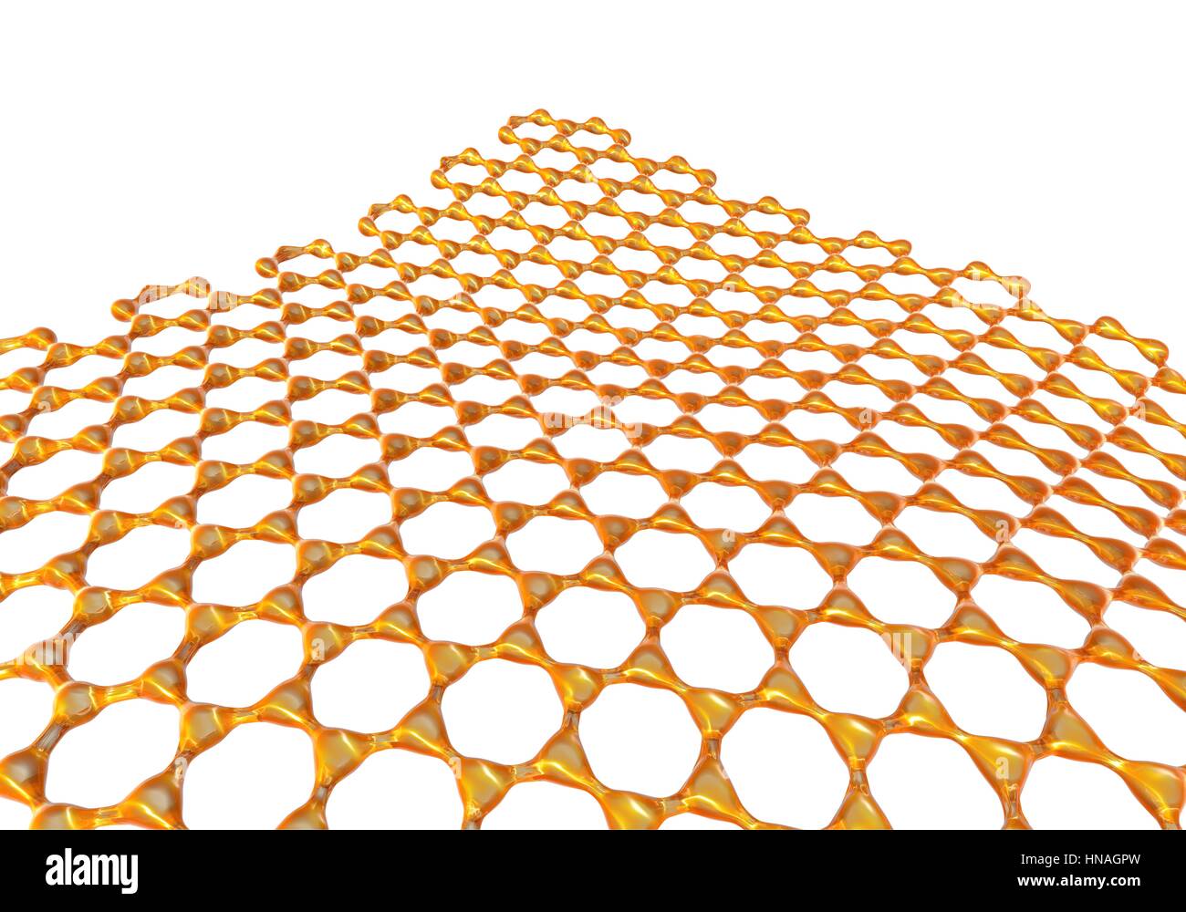 Graphene sheet. Illustration of the atomic-scale molecular structure of graphene, a single layer of graphite. It is composed of hexagonally arranged carbon atoms linked by strong covalent bonds. Graphene is very strong and flexible. It transports electrons highly efficiently and may one day replace silicon in computer chips and other technology applications. Stock Photo