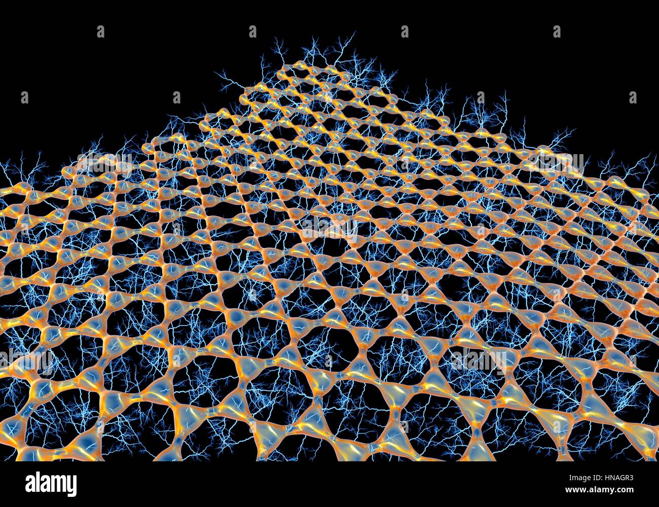 Graphene sheet. Illustration of the atomic-scale molecular structure of graphene, a single hexagonal layer of graphite. It is composed of hexagonally arranged carbon atoms linked by strong covalent bonds. Graphene is very strong and flexible. It transports electrons highly efficiently. The underlying thunderbolts indicate this ability. One day graphene my replace silicon in computer chips and other technology applications. Stock Photo