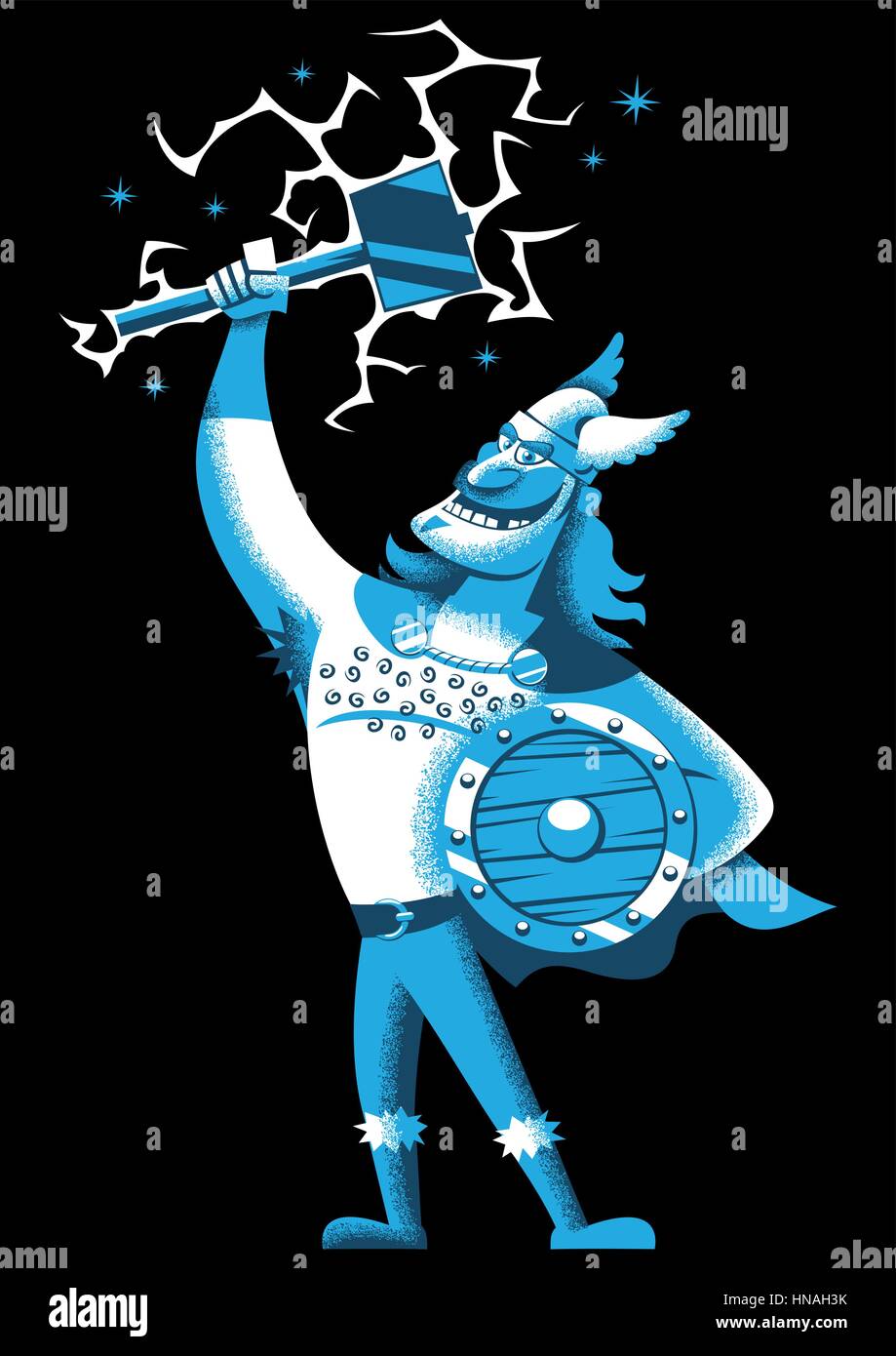 Cartoon illustration of Scandinavian god Thor over black background. Stock Vector