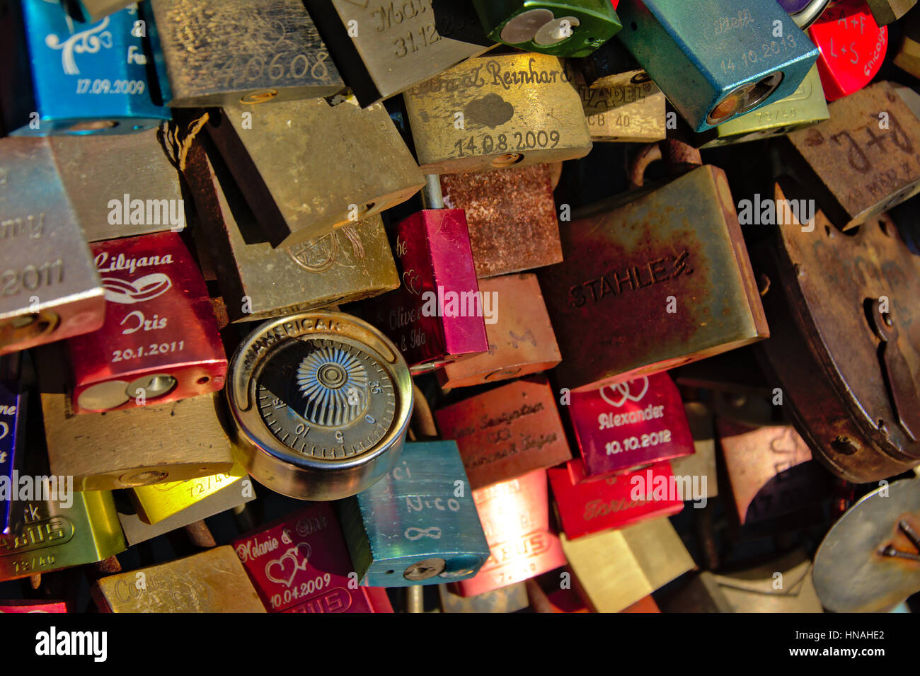 Close up of some of the many colorful love locks  Hohenzollern railway Bridge in Cologne Stock Photo