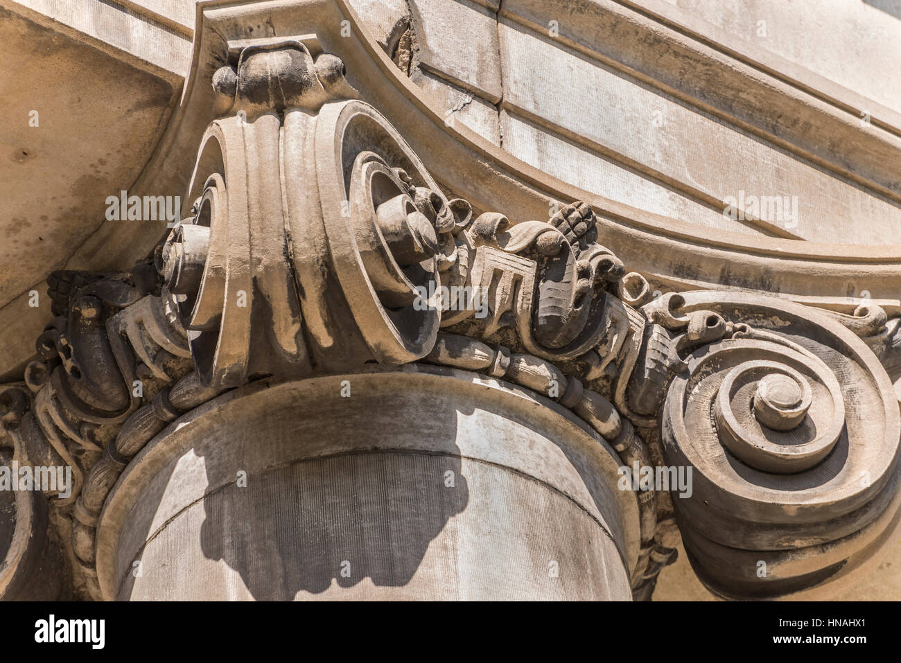 Looking up at details of at the top of an Ionic column. Stock Photo