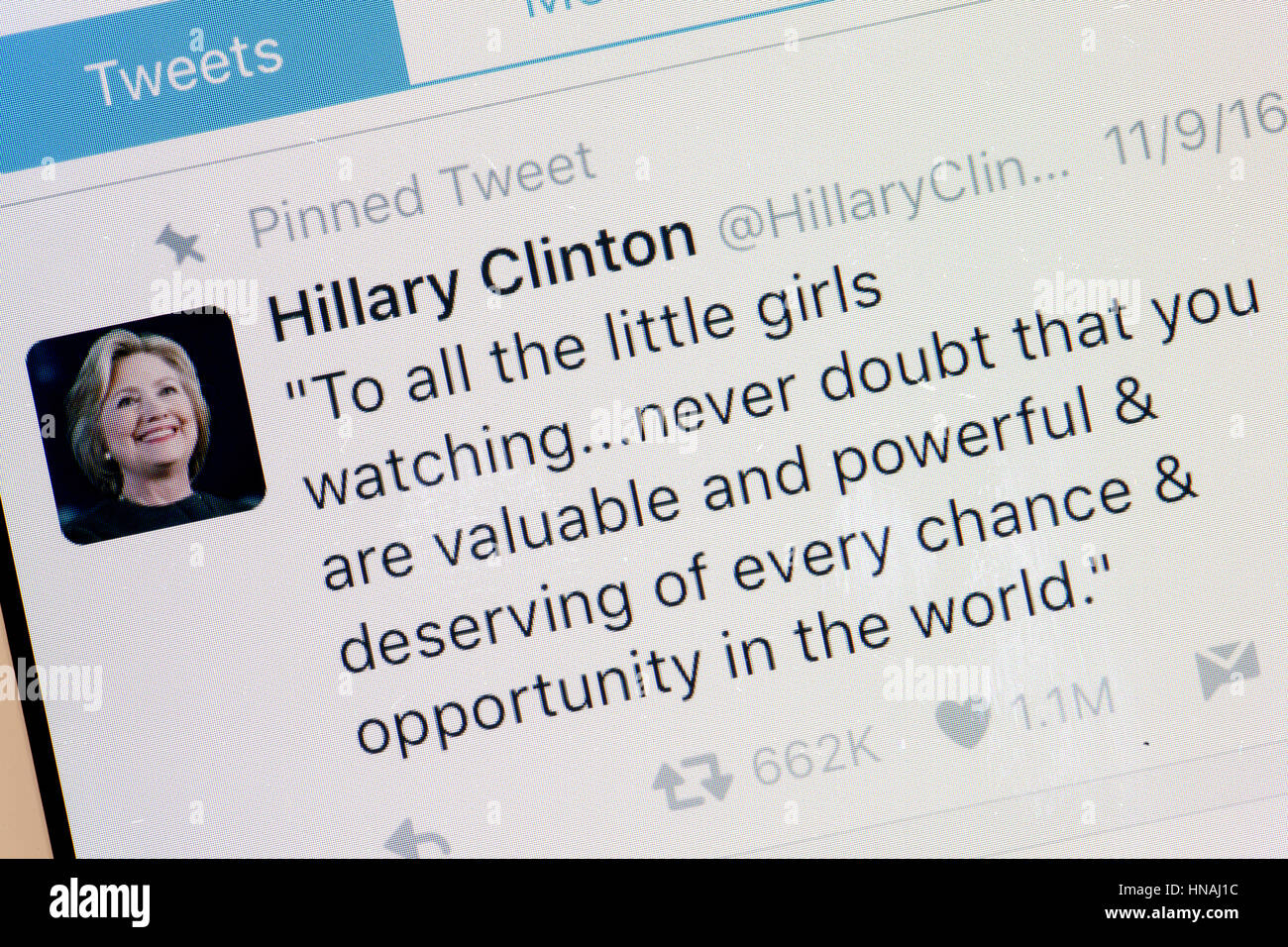 Hillary Clinton Twitter message  on mobile phone screen - USA Stock Photo