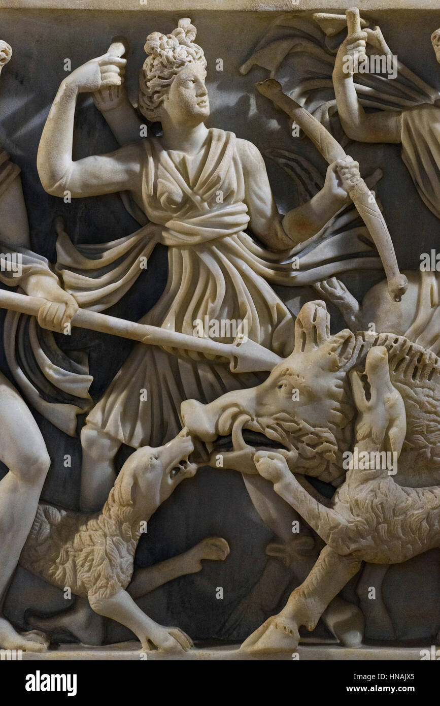 Rome. Italy. Detail of roman sarcophagus depicting the Greek mythological character Atalanta, dressed as Artemis, 3rd century AD. Capitoline Museum. M Stock Photo