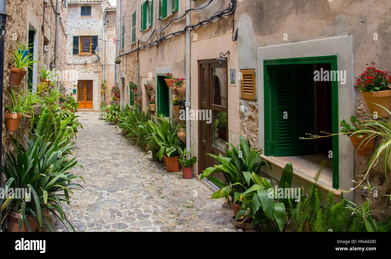 charming mediterranean street of old town Valldemossa on Mallorca, Spain Stock Photo