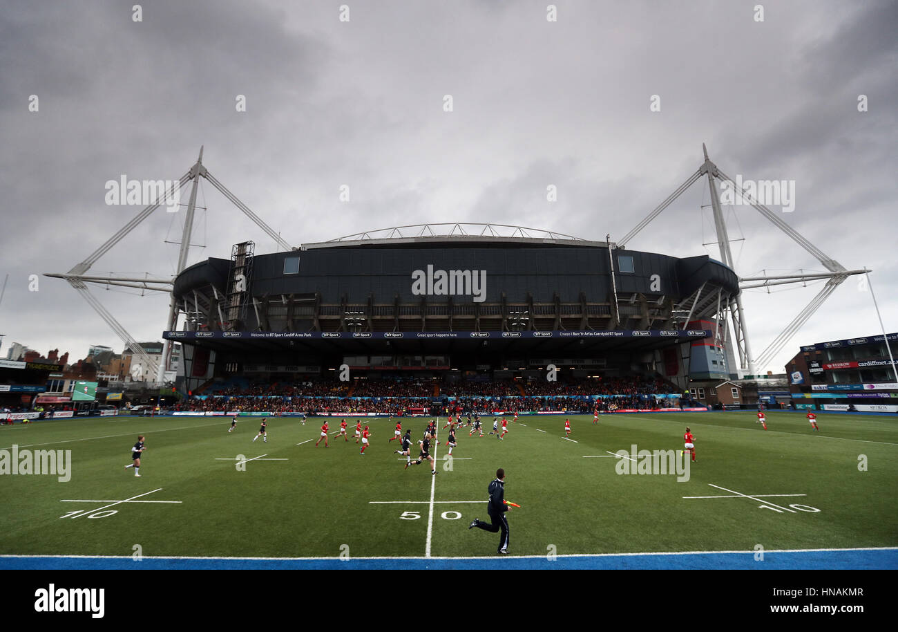 Wales Women take on England Women in the shadow of the Principality Stadium during the RBS Women's 6 Nations match at Cardiff Arms Park. Stock Photo