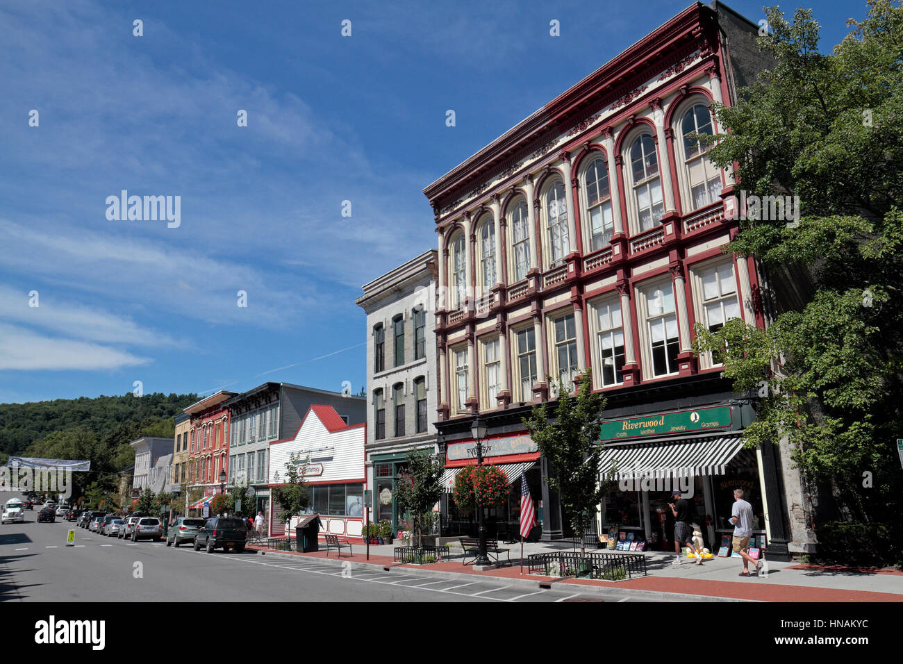 Shops on Main Street, Historic Cooperstown, Otsego County, New York, United States. Stock Photo