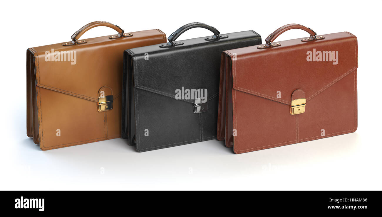 Different briefcases on a white background. Briefcase shop or marketing