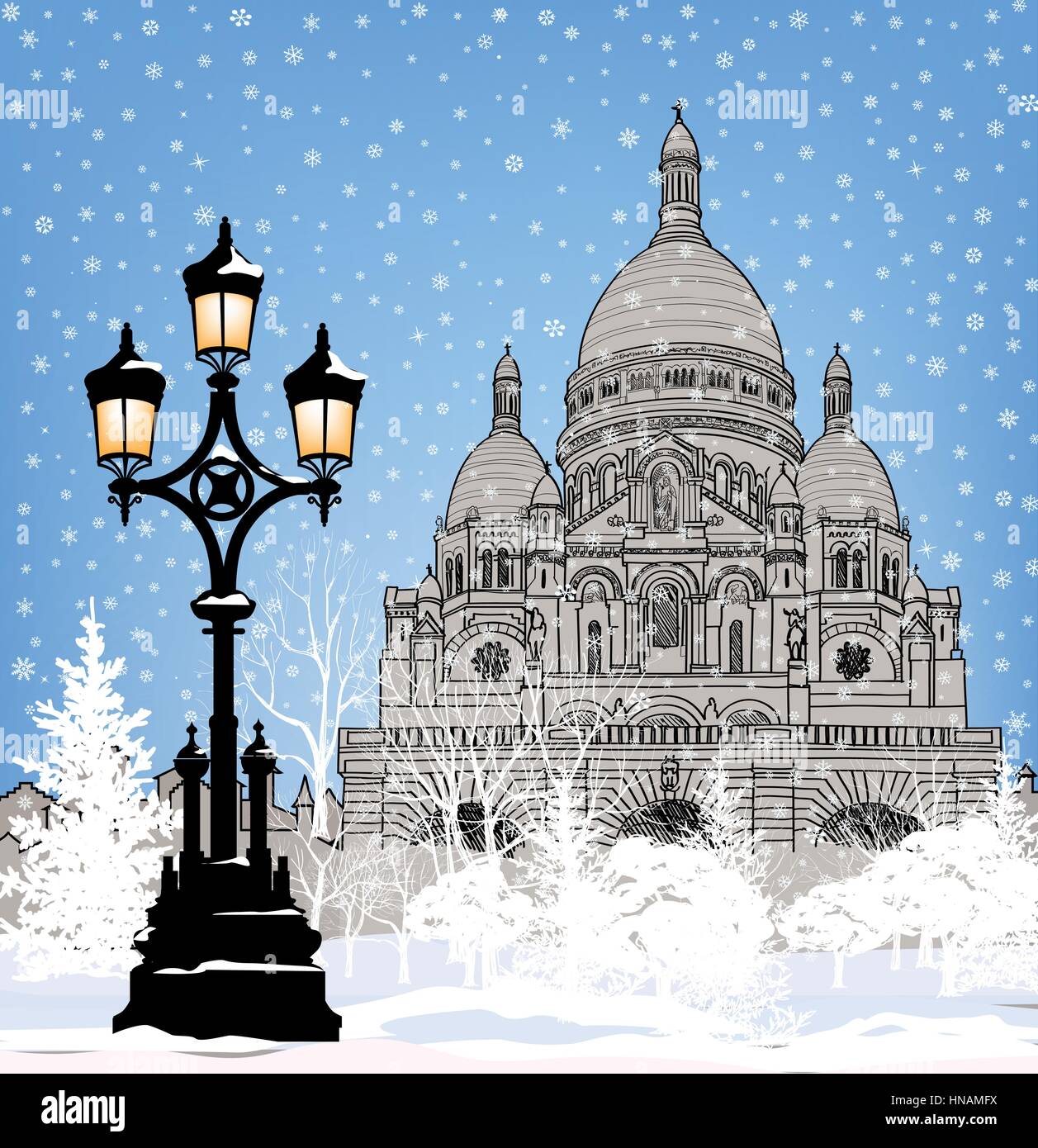 Snowy city wallpaper. Winter Christmas holiday snow background. Paris  landmark in winter Stock Vector Image & Art - Alamy