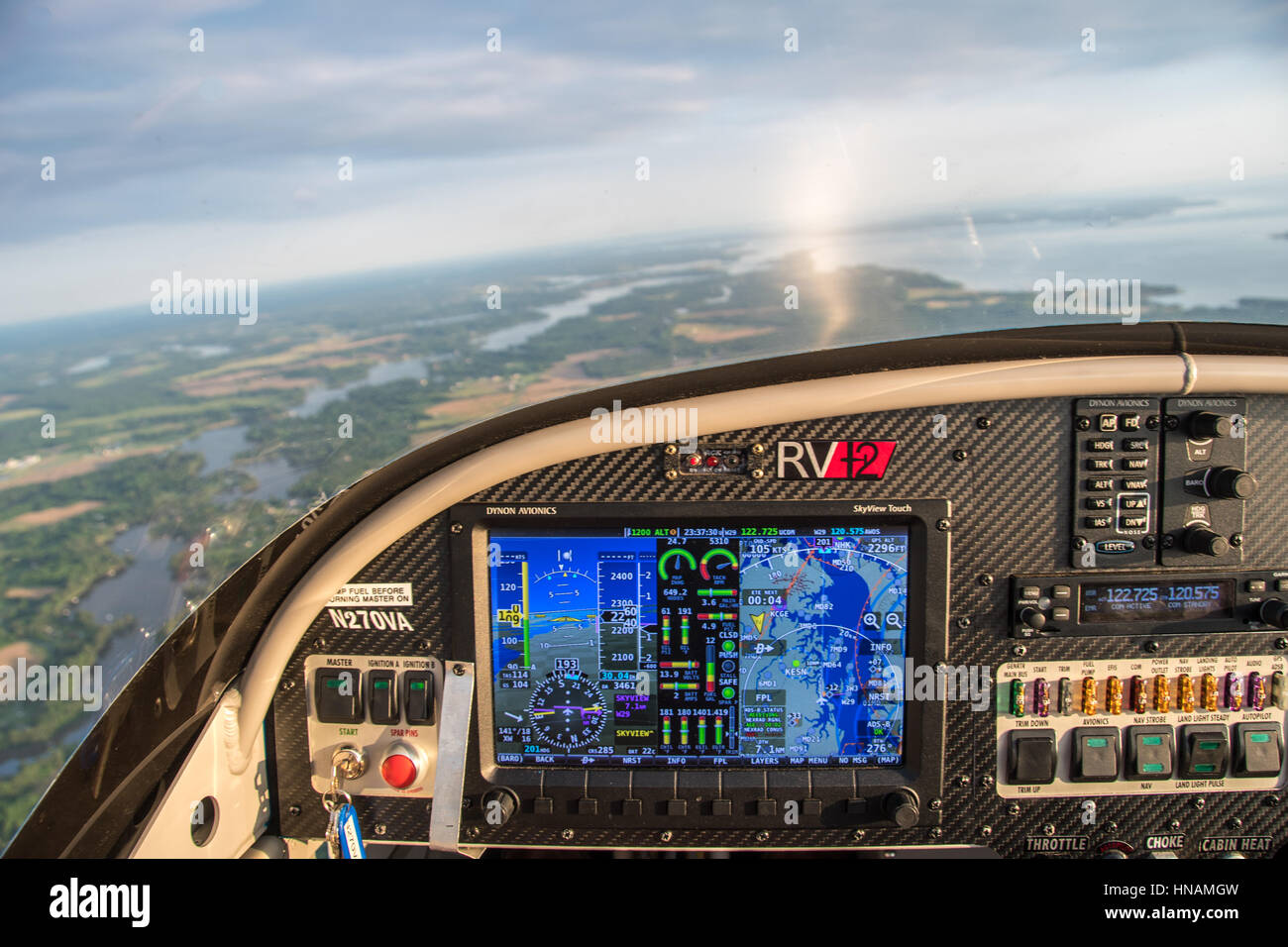 View from the cockpit of a glass panel Vans RV12 light sport aircraft Stock Photo