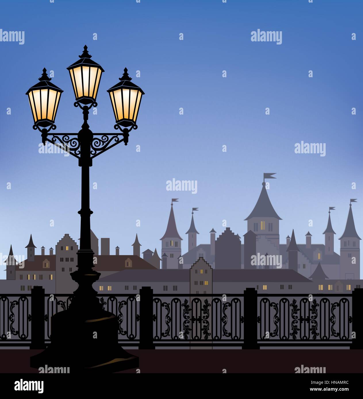 Night cityscape with luminous street lantern. Old street light in european town with castle on background Stock Vector Image Art Alamy