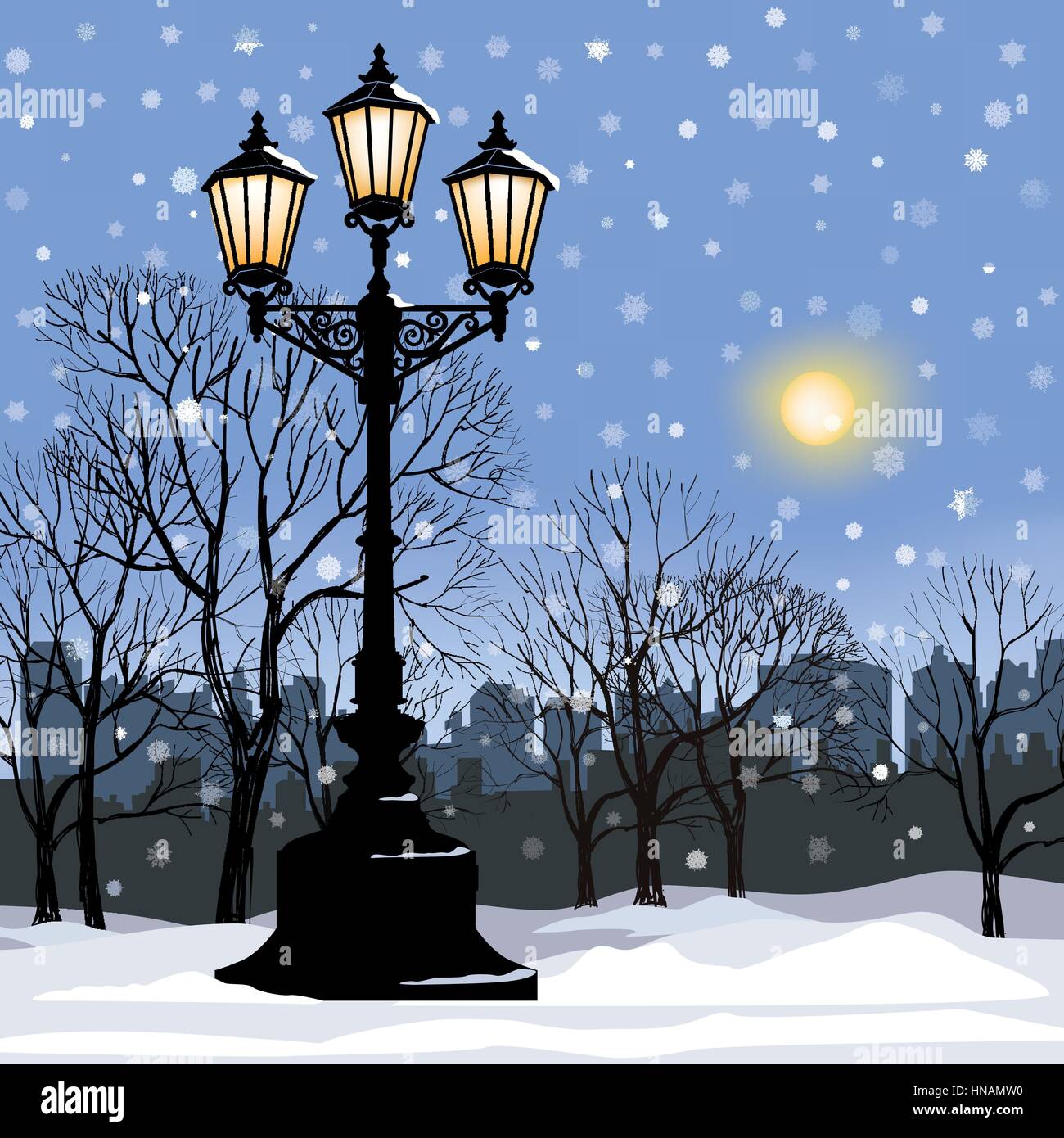 Park alley in snow with steel light. Snowy street. Christmas background.