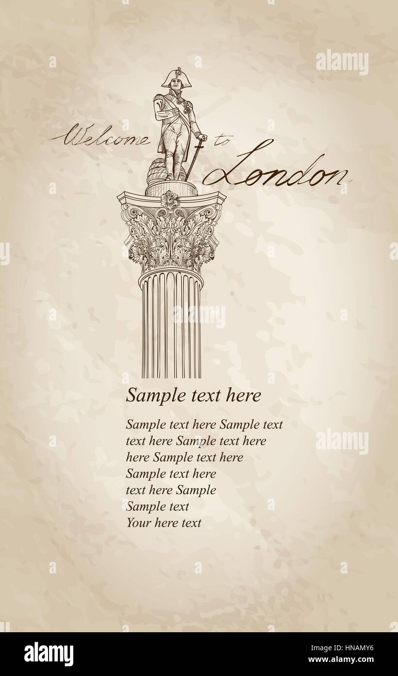 London symbol vintage background with copy space. Admiral Nelson statue colunm on Trafalgar Square, London, England, UK. Stock Vector