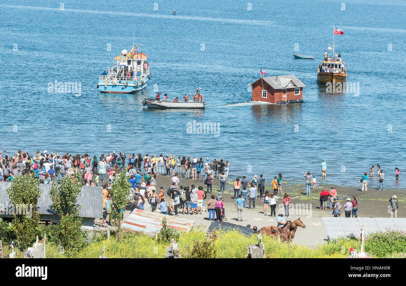 Minga in Chiloé, Chile. Liucura, island of Lemuy, archipelago of Chiloé. Testimony of the culture that still persists in some distant places of Chile. Stock Photo