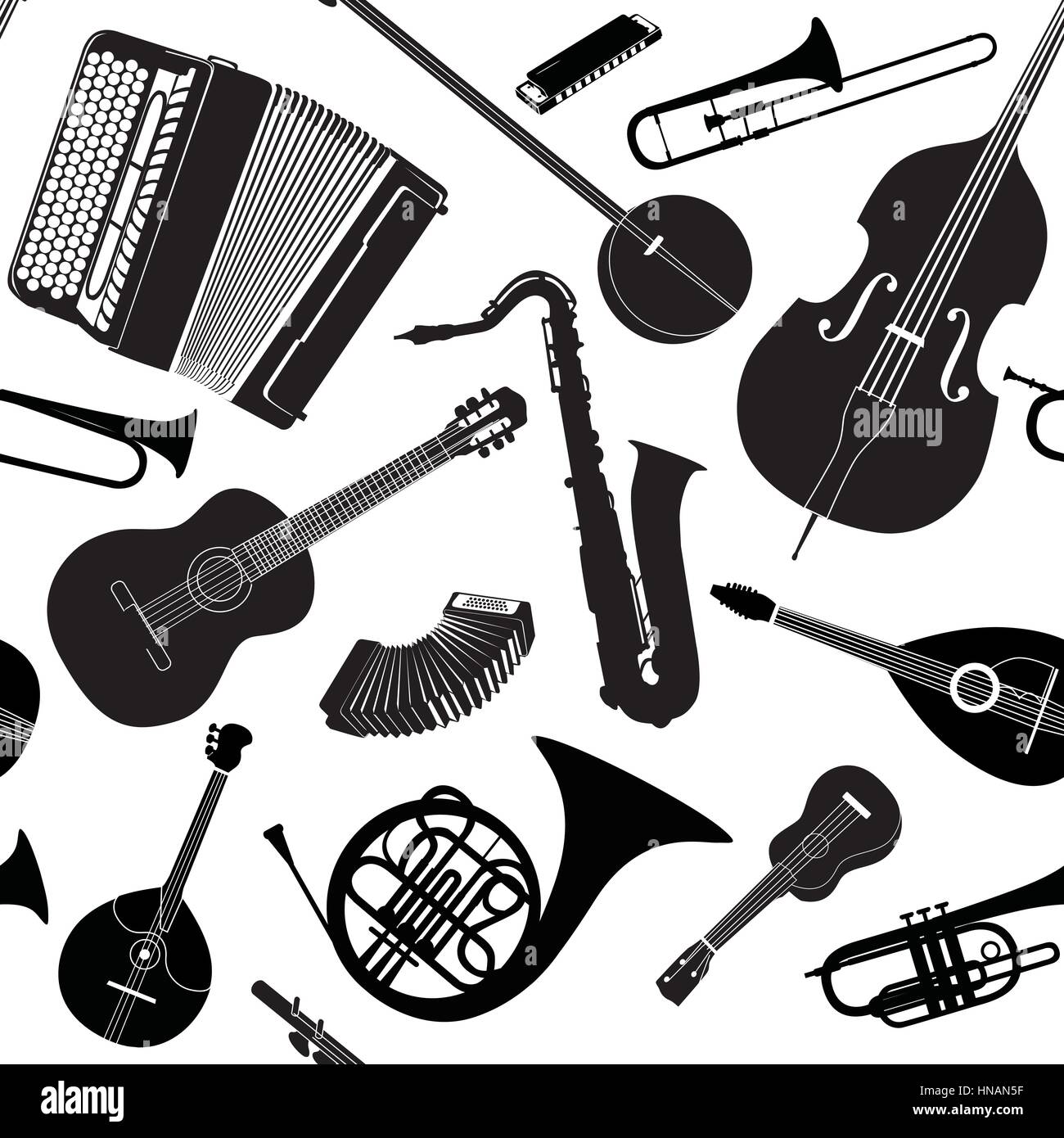 Abstract Music Background. Seamless texture with musical instruments. Musical tiled pattern. Stock Vector