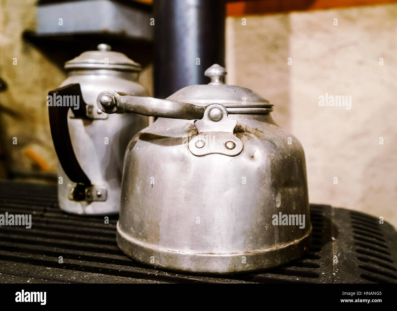 Vintage aluminium teapots in old house, retro objects Stock Photo Alamy