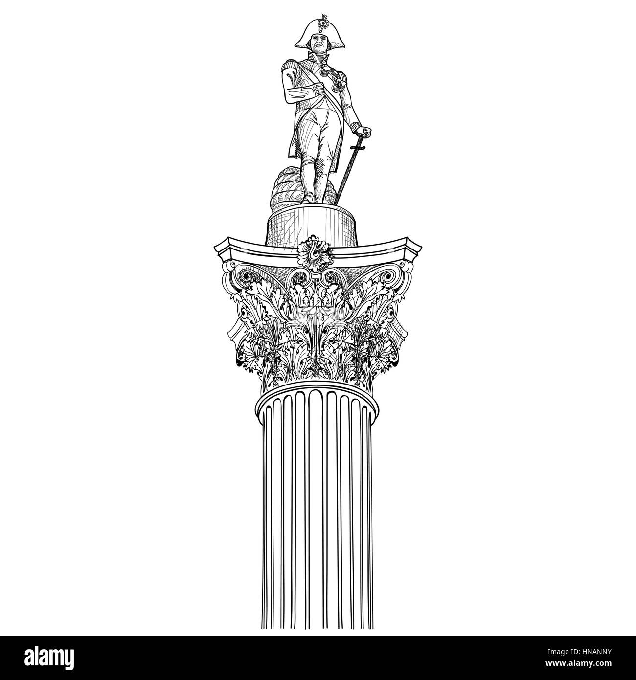 Nelson colounm isolated. Admiral Nlson statue in Trafalgar Square, London, England, UK. Stock Vector