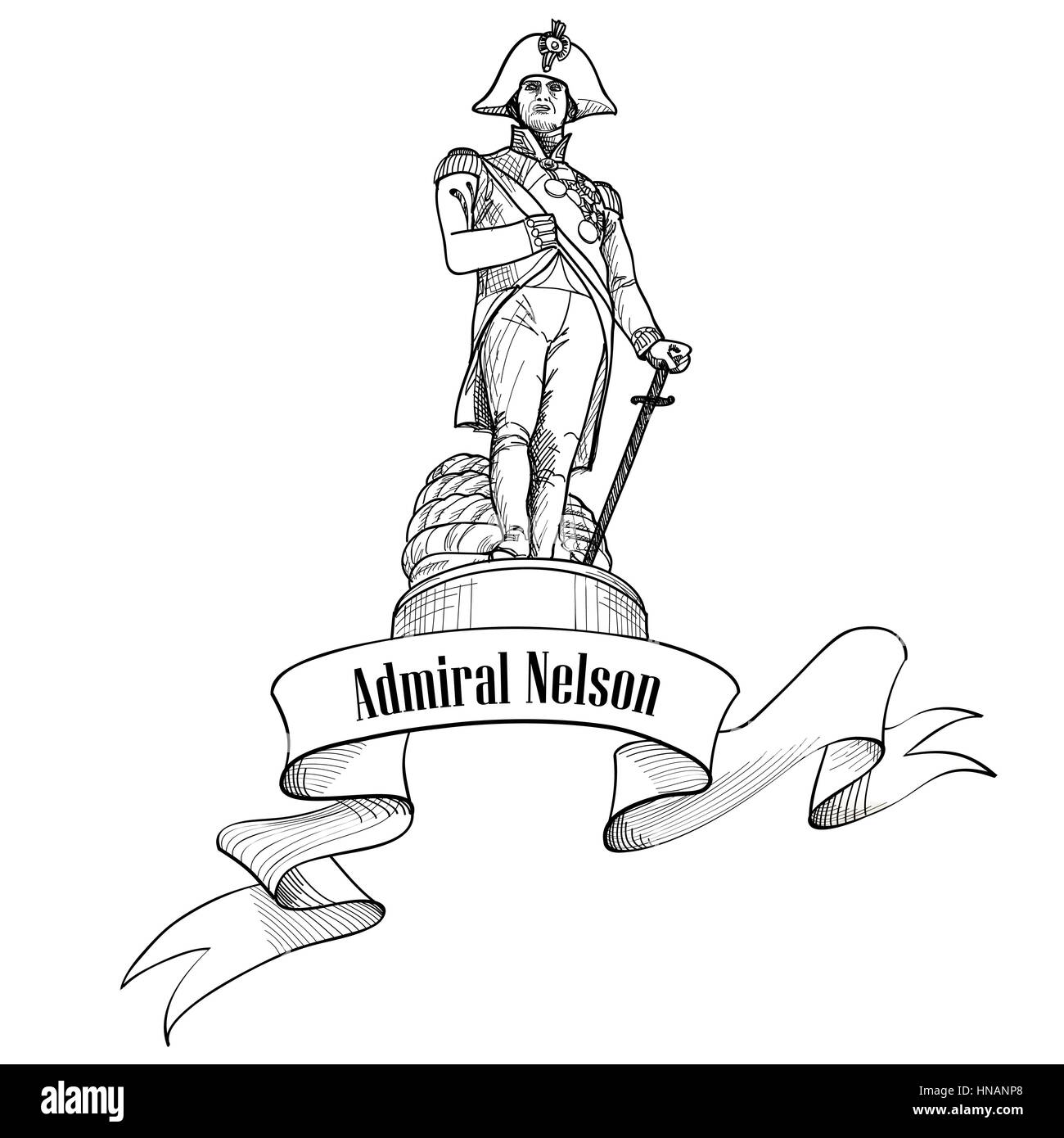 Admiral Nelson statue in Trafalgar Square, London, England, UK. Nelson colounm. Travel London label isolated. Stock Vector