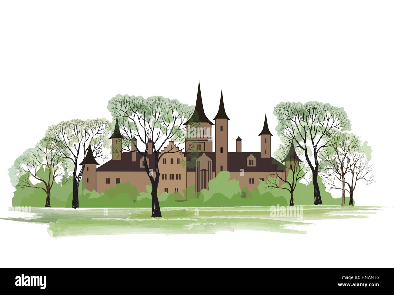 Old house in park. Spring landscape with ancient castle among trees. Stock Vector