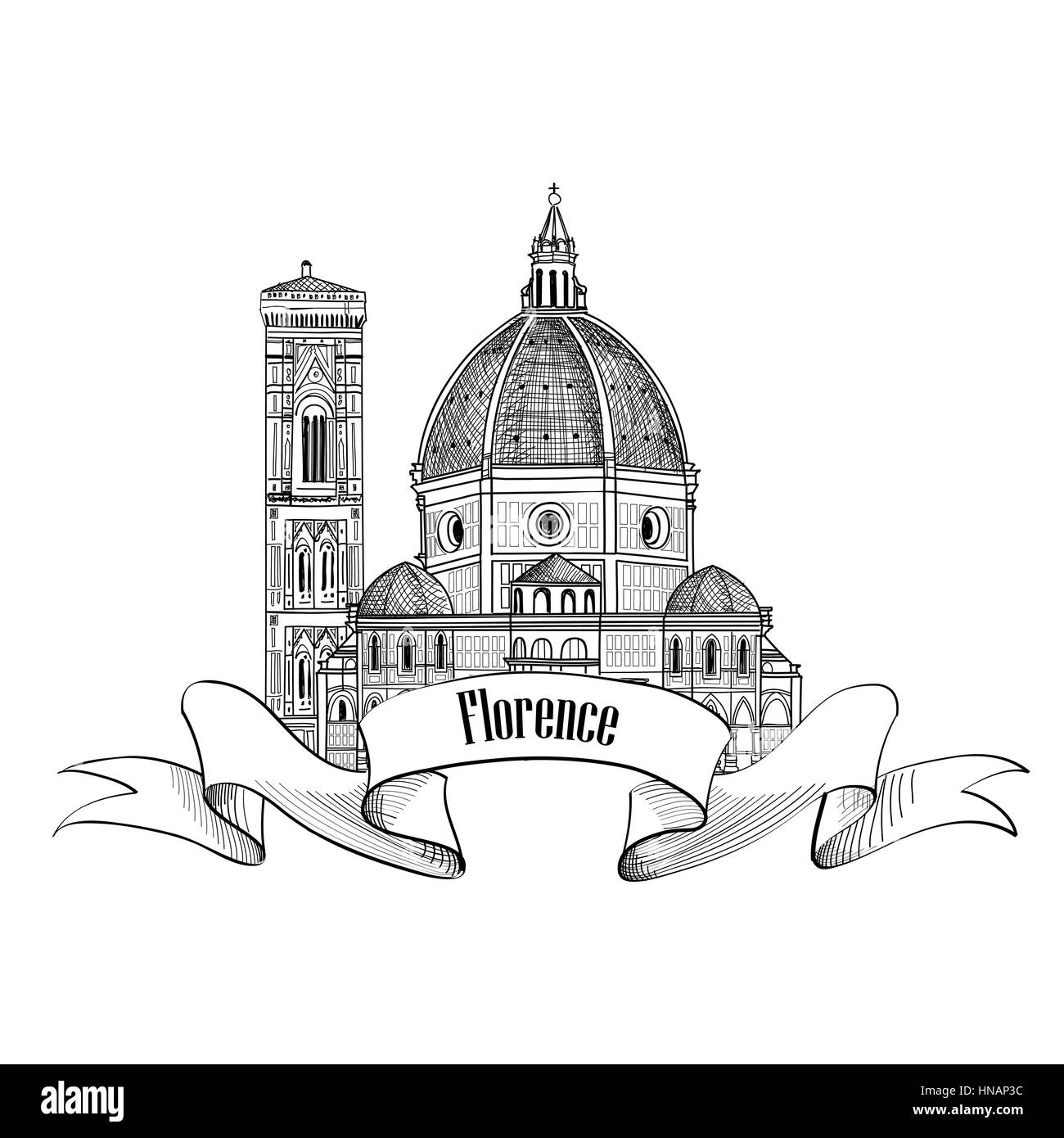 Florence symbol. Travel Italy icon. Hand drawn sketch. Cathedral Santa Maria del Fiore Stock Vector