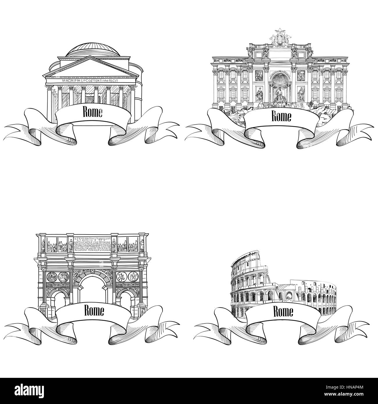 Rome citiy symbols sketch: Pantheon, Constantin's Arc, Fountain di Trevi, Colosseum. Travel landmarks label set. Stock Vector