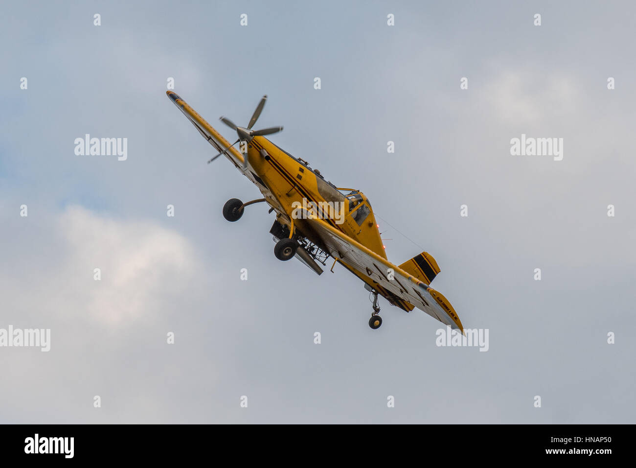 A crop-duster plane flies over a farm and coats crops with pesticides in Secretary, Maryland. Stock Photo