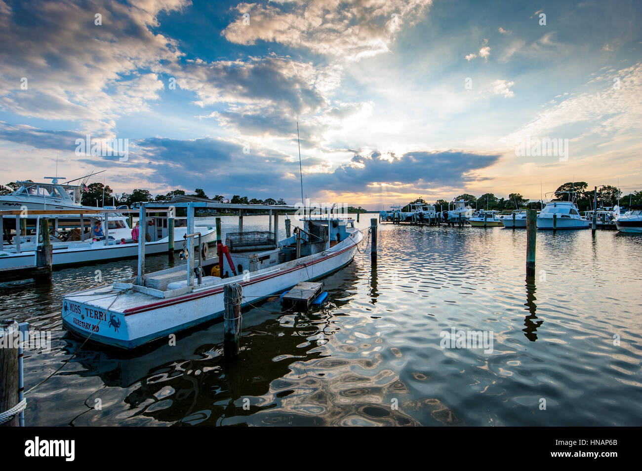 Some crabbing boats are docked in close proximity to the Suicide Bridge located in Secretary, Maryland. Stock Photo