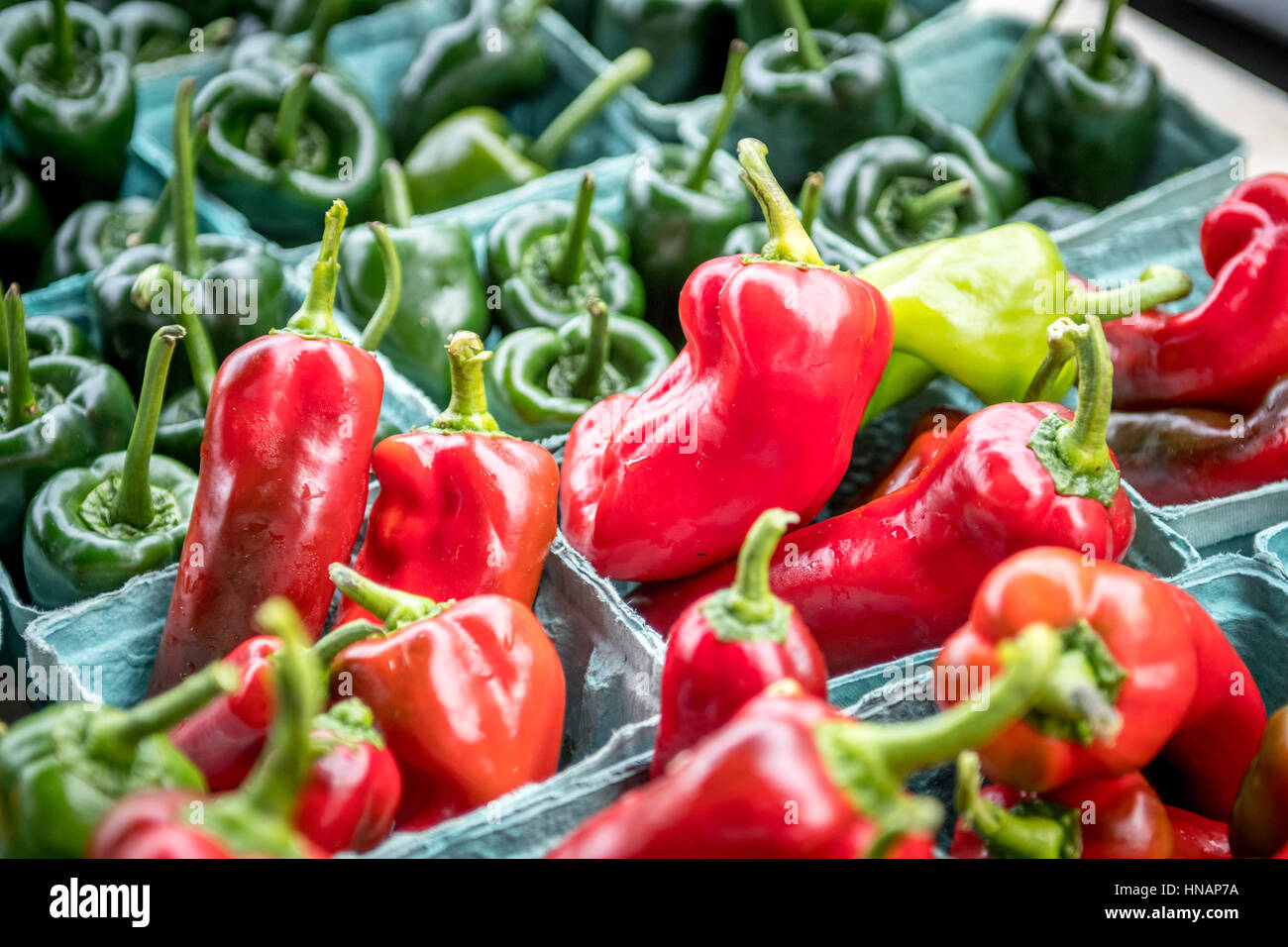 Red and green peppers for sale at a local farmer's market in Baltimore, Maryland. Stock Photo
