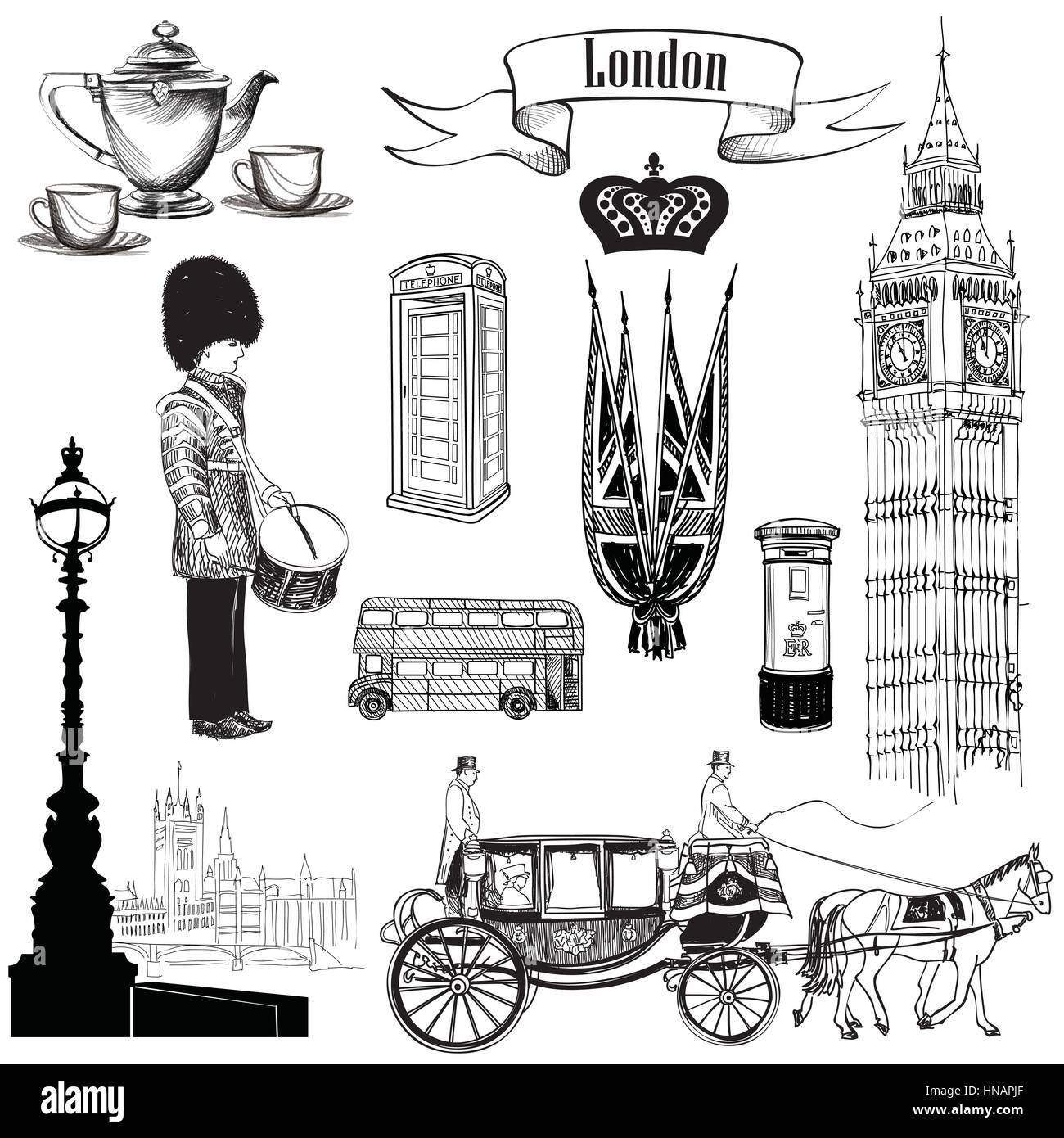 English icon set. London symbols, England, UK, Europe. Hand drawing vintage illustration over white  background. Stock Vector