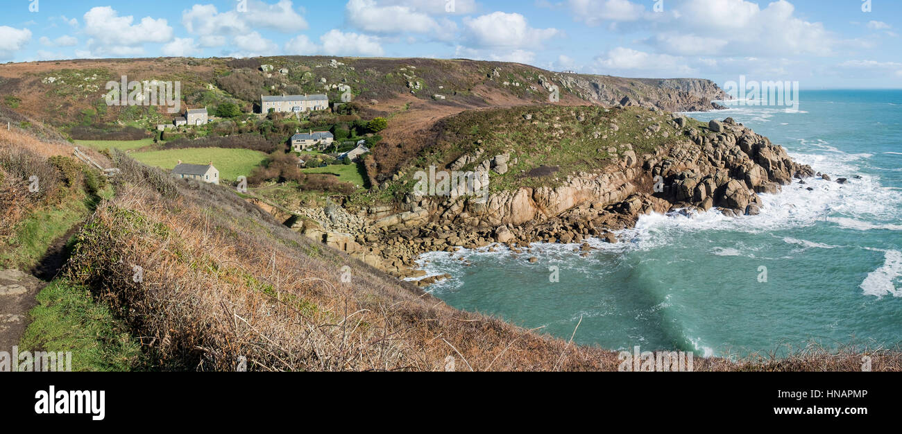 A panoramic view of the picturesque and quaint coastal village of Porthgwarra, used as one of the film locations for Poldark. Cornwall, England. Stock Photo