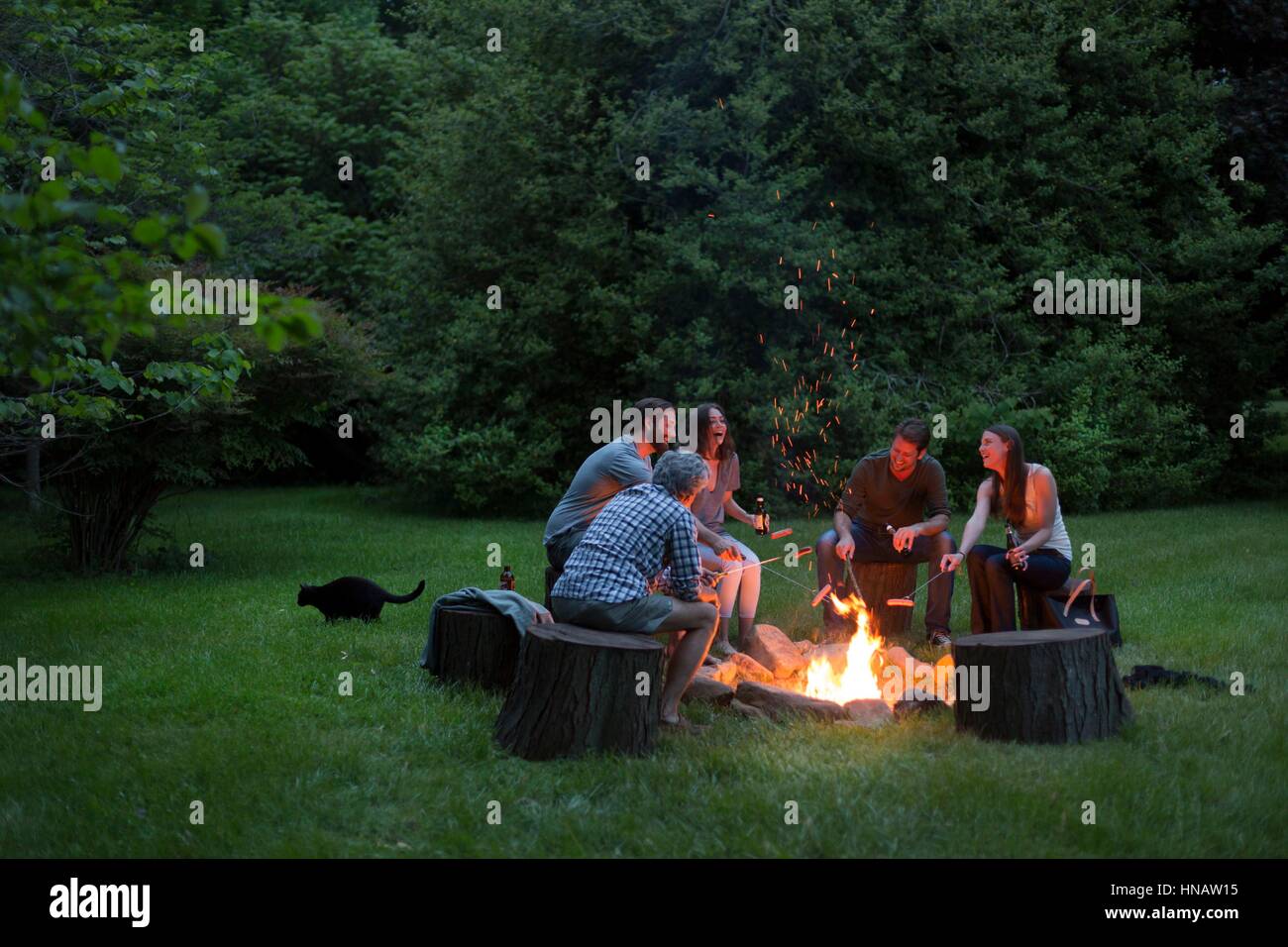 Group of adults around a fire pit, Brampton Inn, Chestertown, Maryland, USA Stock Photo Alamy