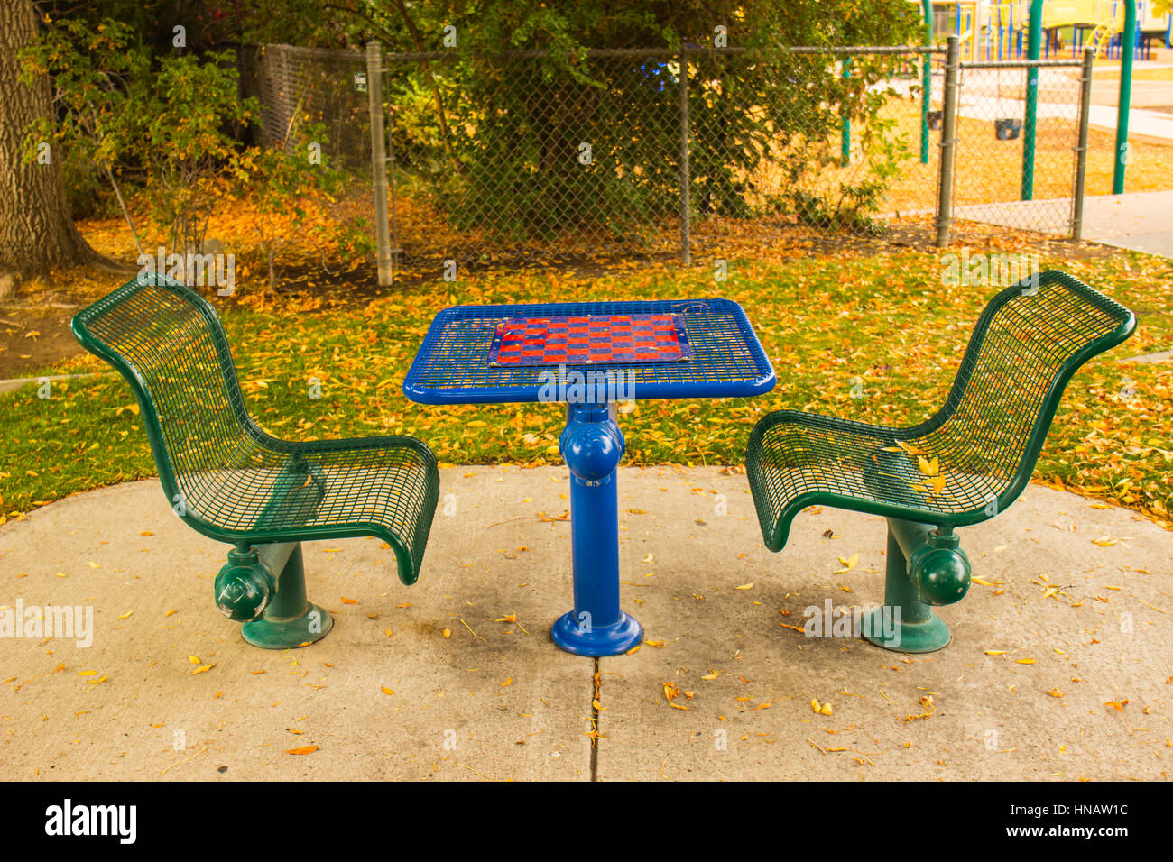 Game Table at Local Park in Fall Stock Photo