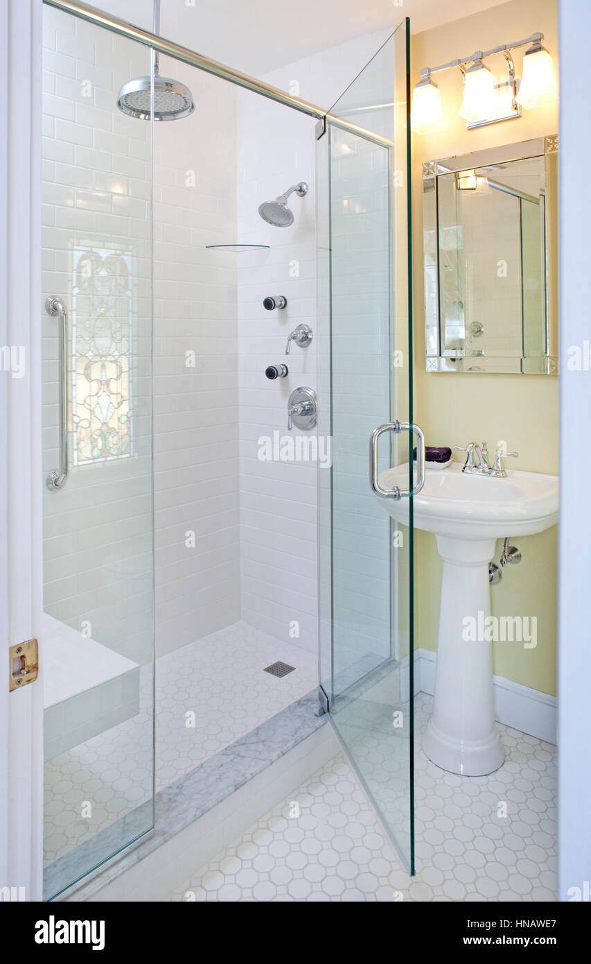 Glass rain forest shower with stained glass reflection, Maine Stay Inn