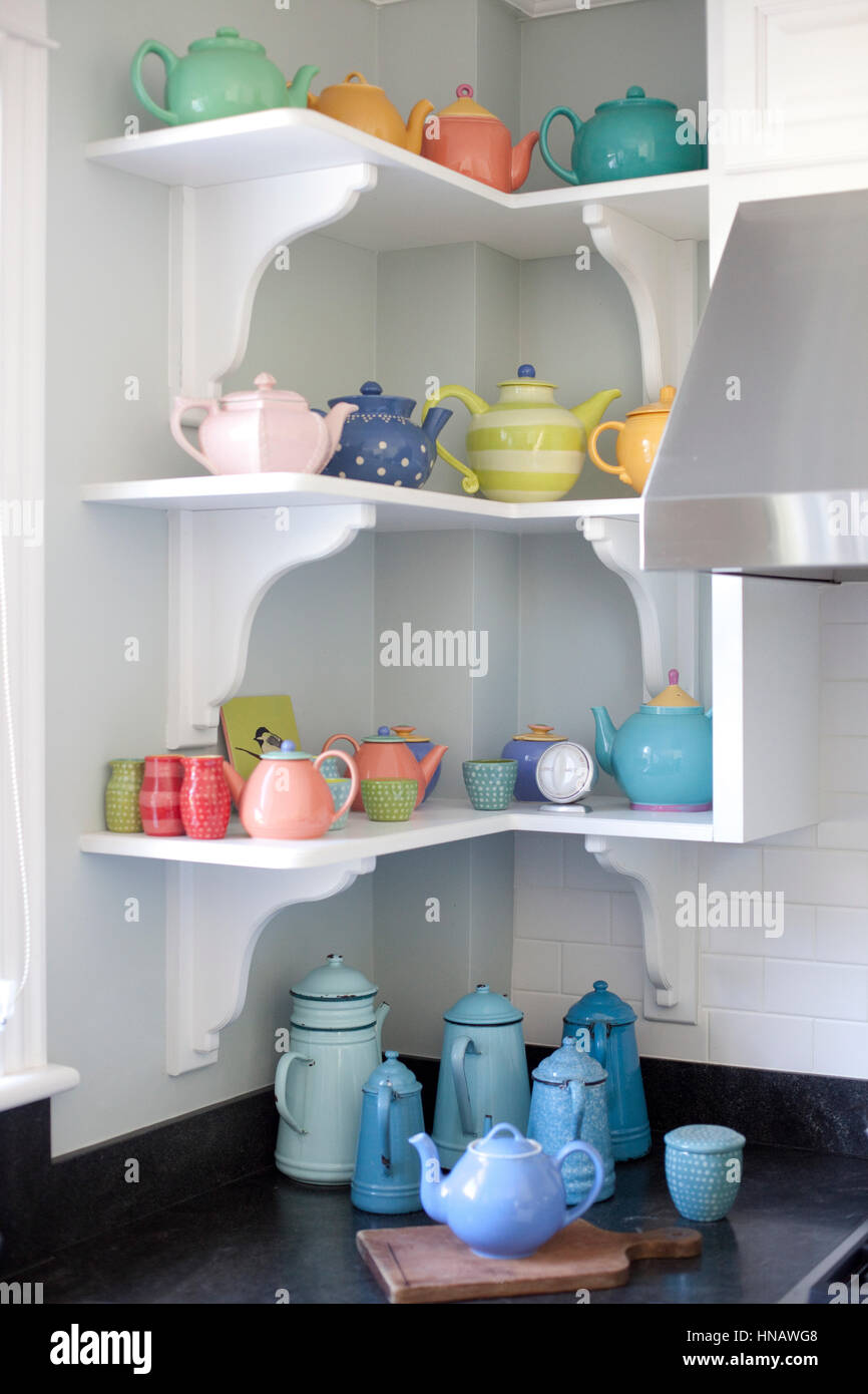 Detail of colorful tea pots, Cape Elizabeth, ME, Annie Stickney Design. Stock Photo