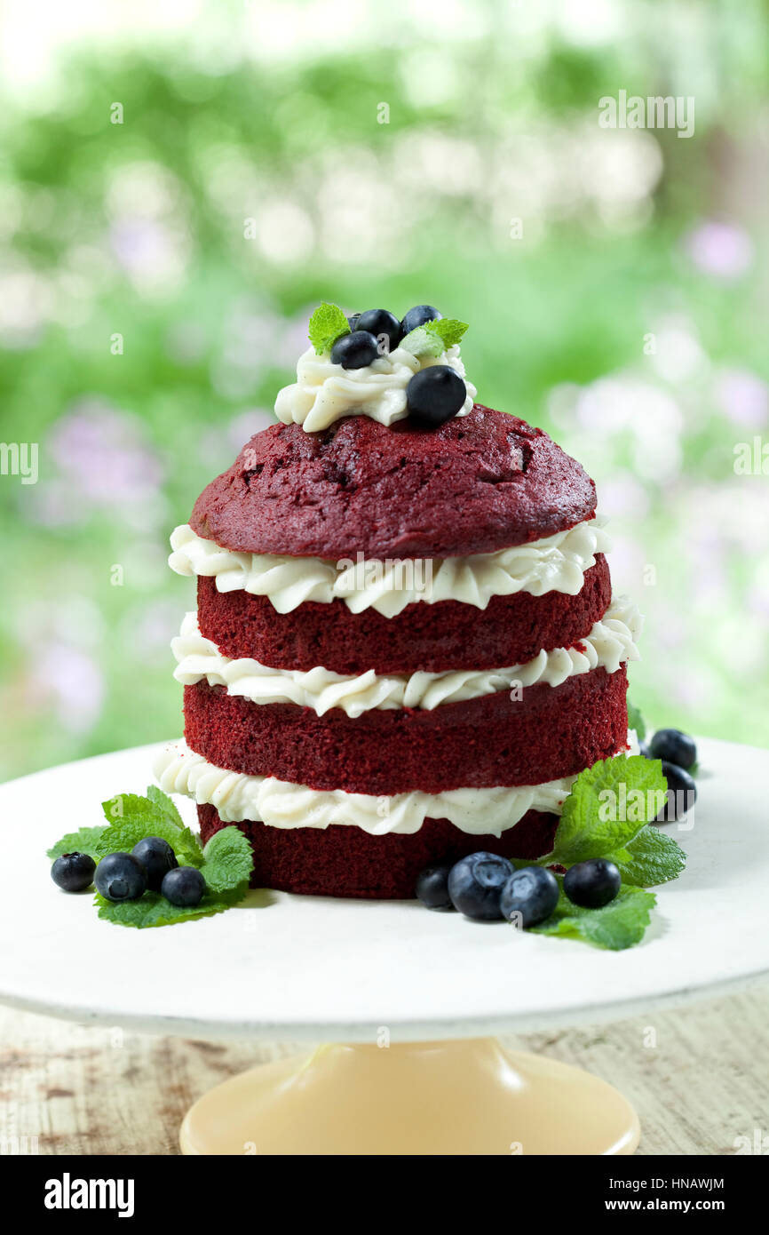 Stacked red velvet cake with whipped cream and blueberries, Irish
