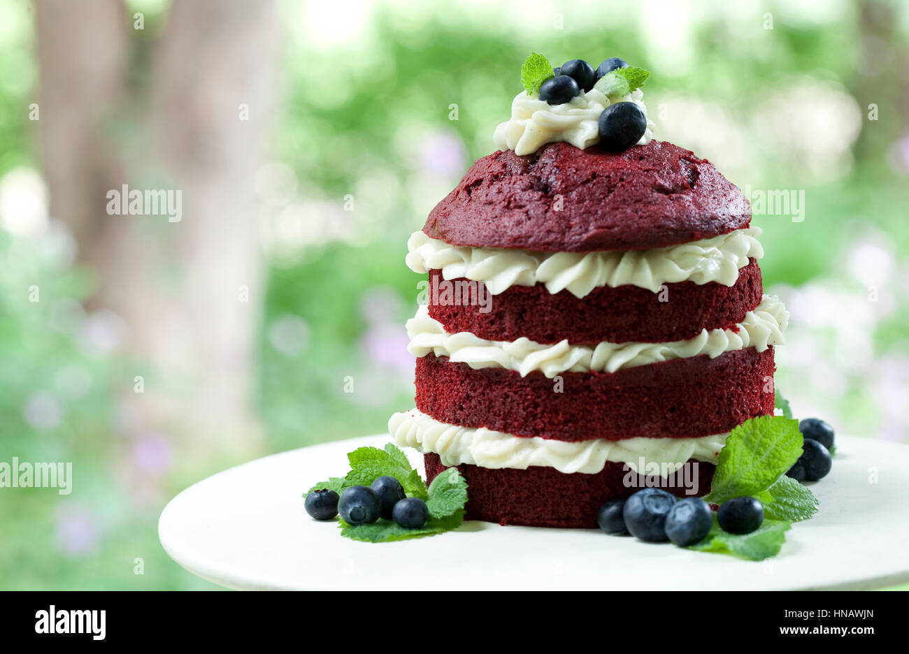 Stacked red velvet cake with whipped cream and blueberries, Irish