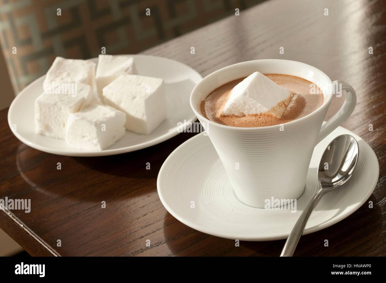 Hot chocolate in white mug with large marshmallows, English Meadows Inn, Kennebunk, ME. Stock Photo