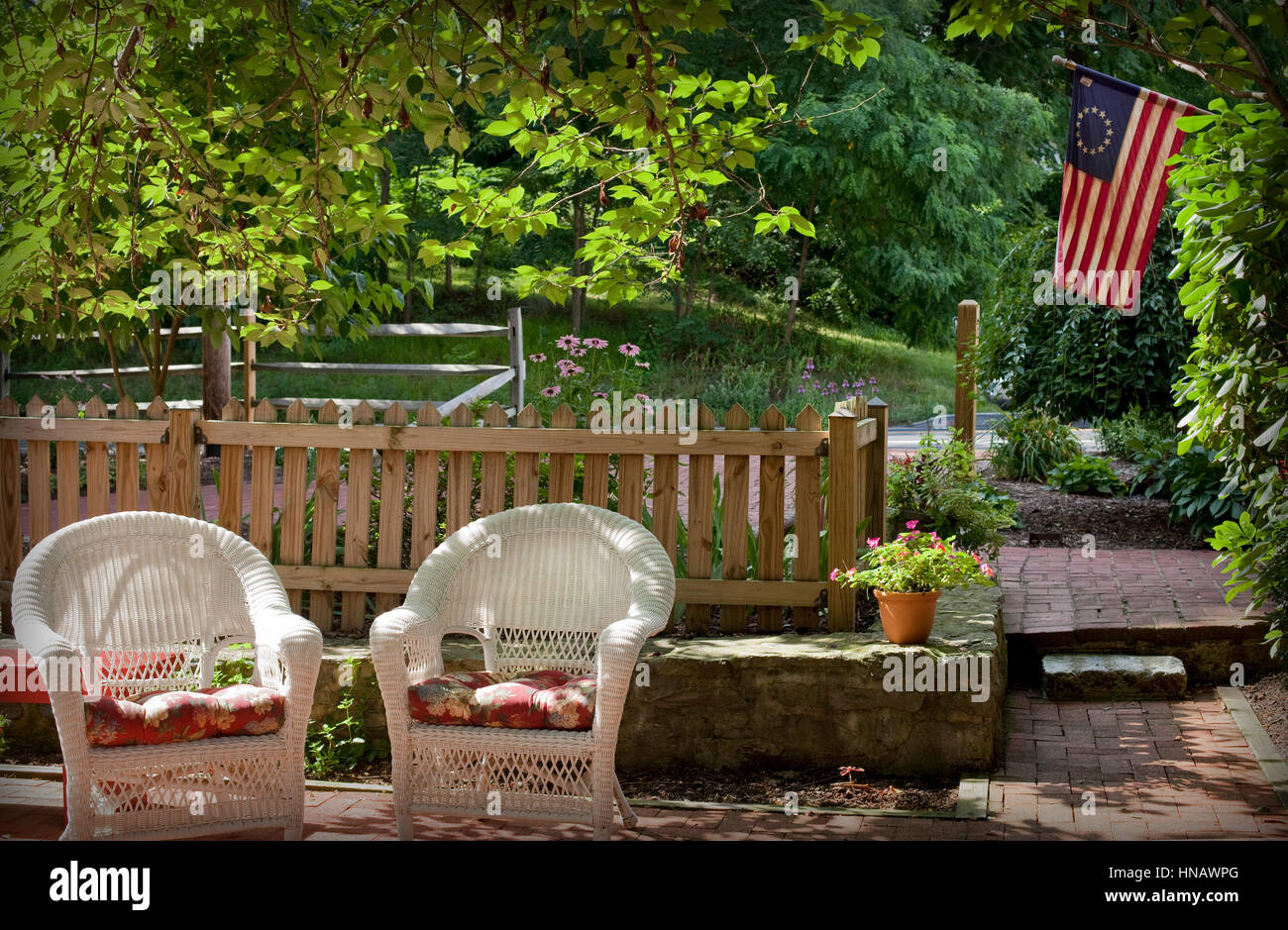 2 wicker chairs outside in historic Pennsylvania, Colonial Crossroads