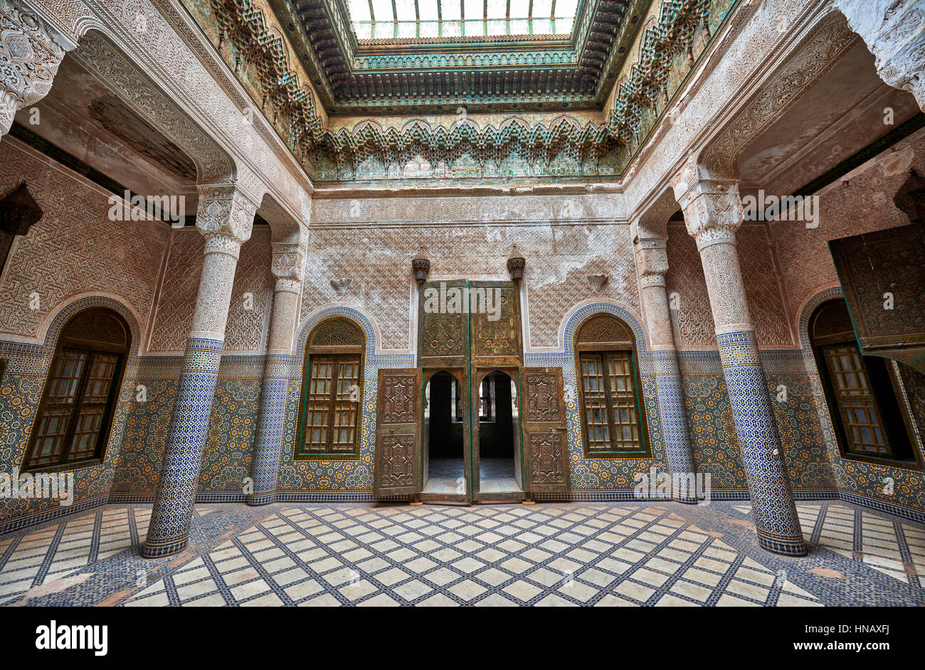 interior view with strong decoration of Kasbah of Telouet, Morocco ...