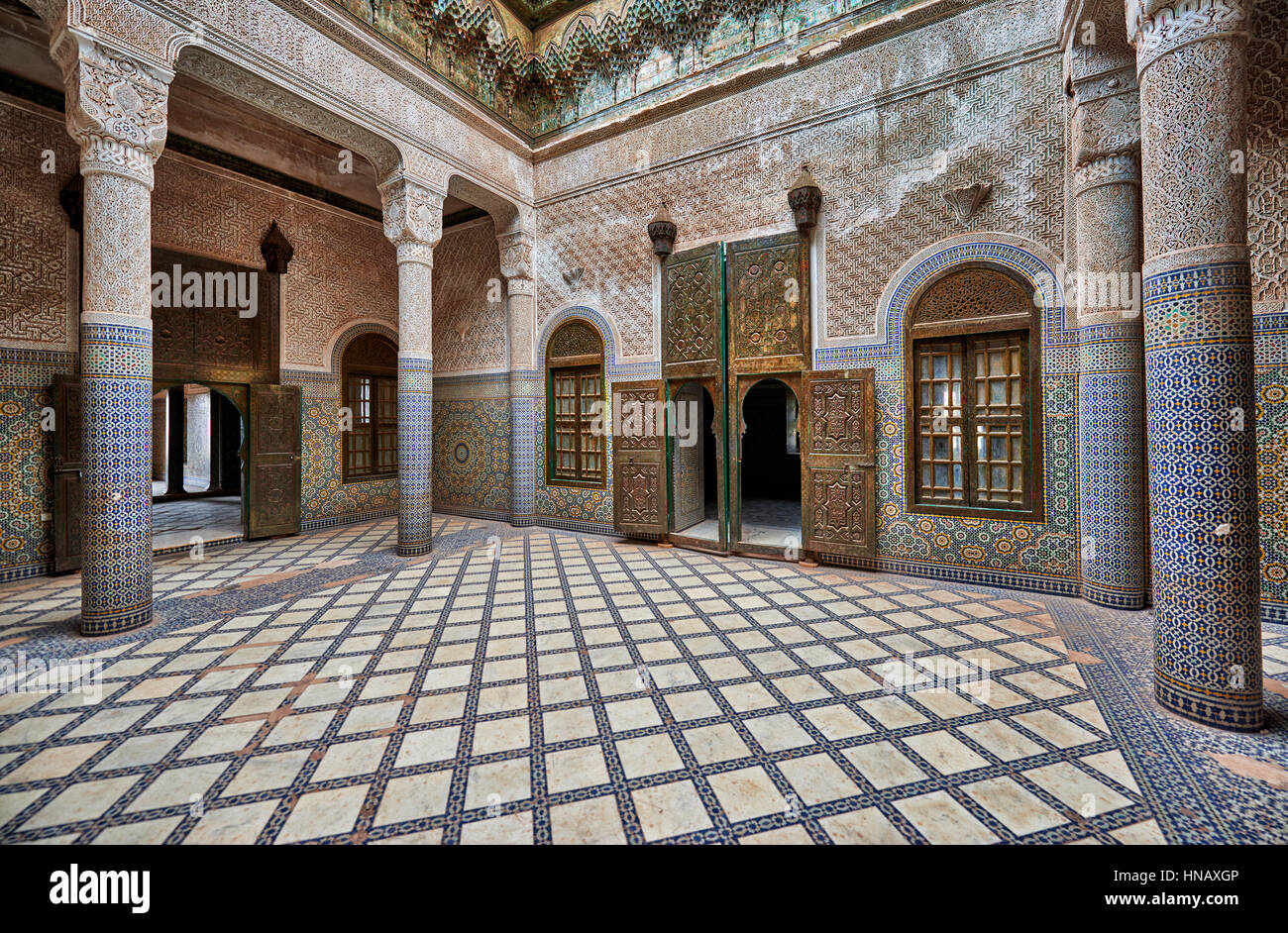 interior view with strong decoration of Kasbah of Telouet, Morocco ...