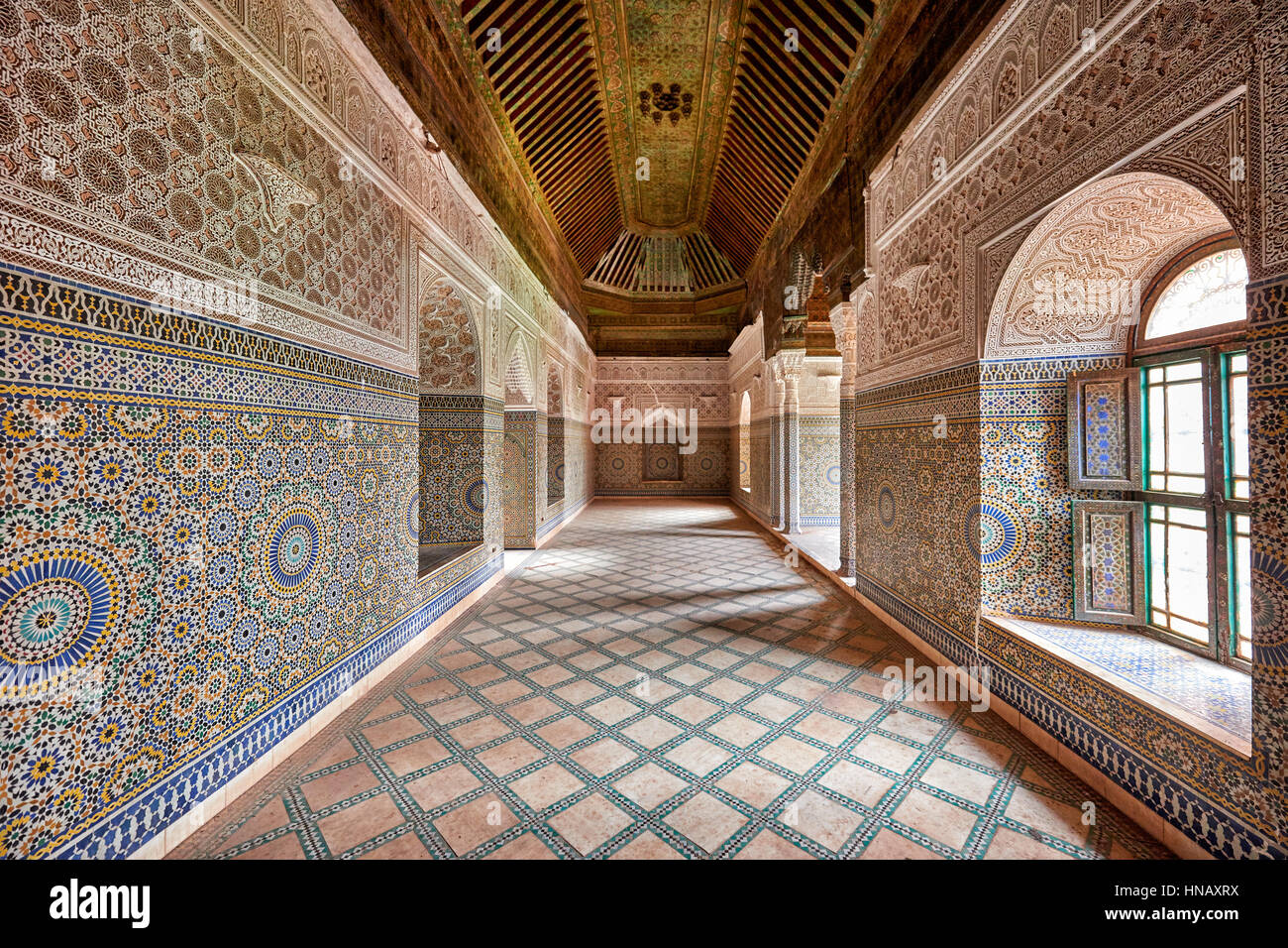interior view with strong decoration of Kasbah of Telouet, Morocco ...